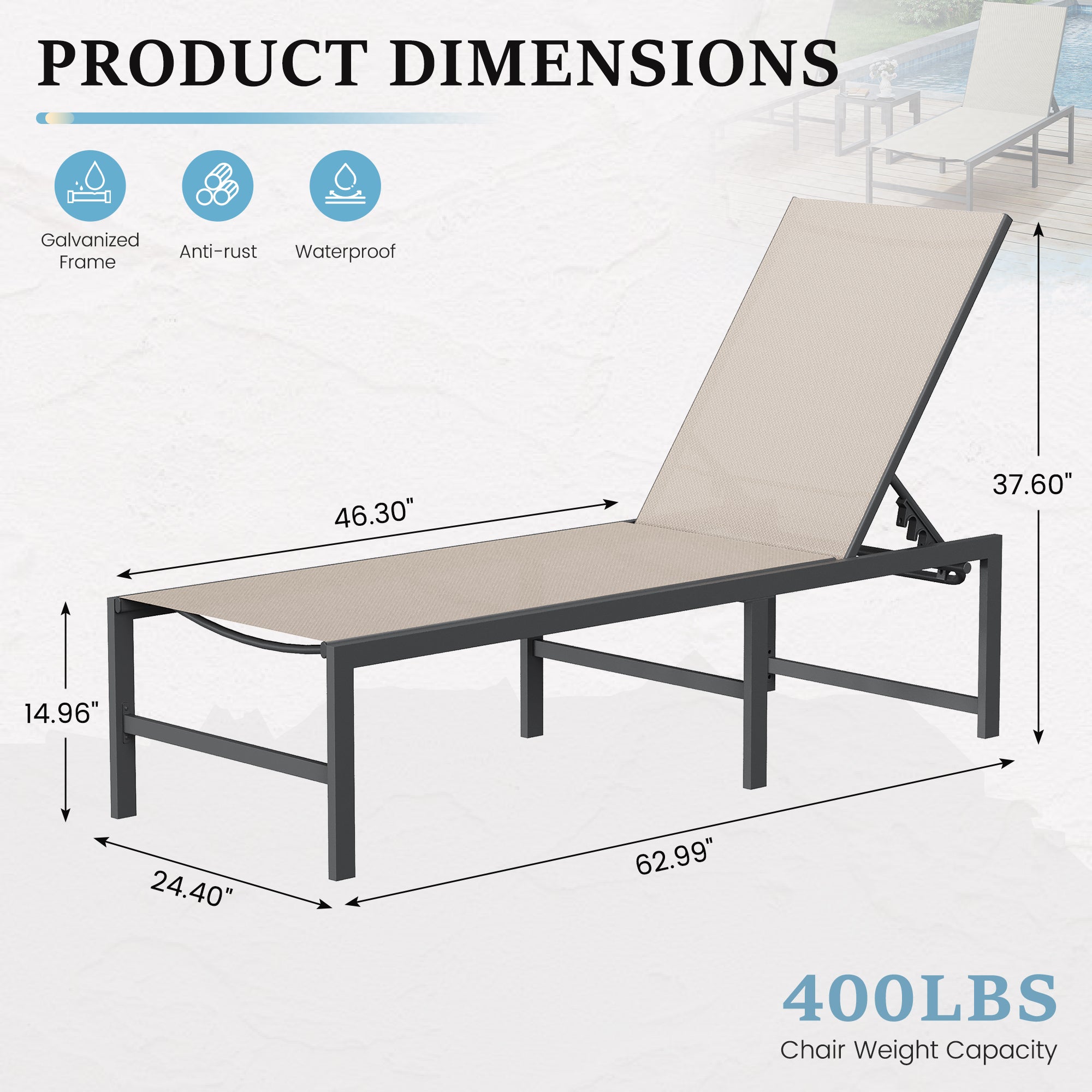 Patio Lounge Chair Pool Chaise Chairs for Outside, Adjustable Lounger for Poolside Lawn Deck Lay Flat Sunbathing Backrest for Patio, Beach, Yard(Brown)