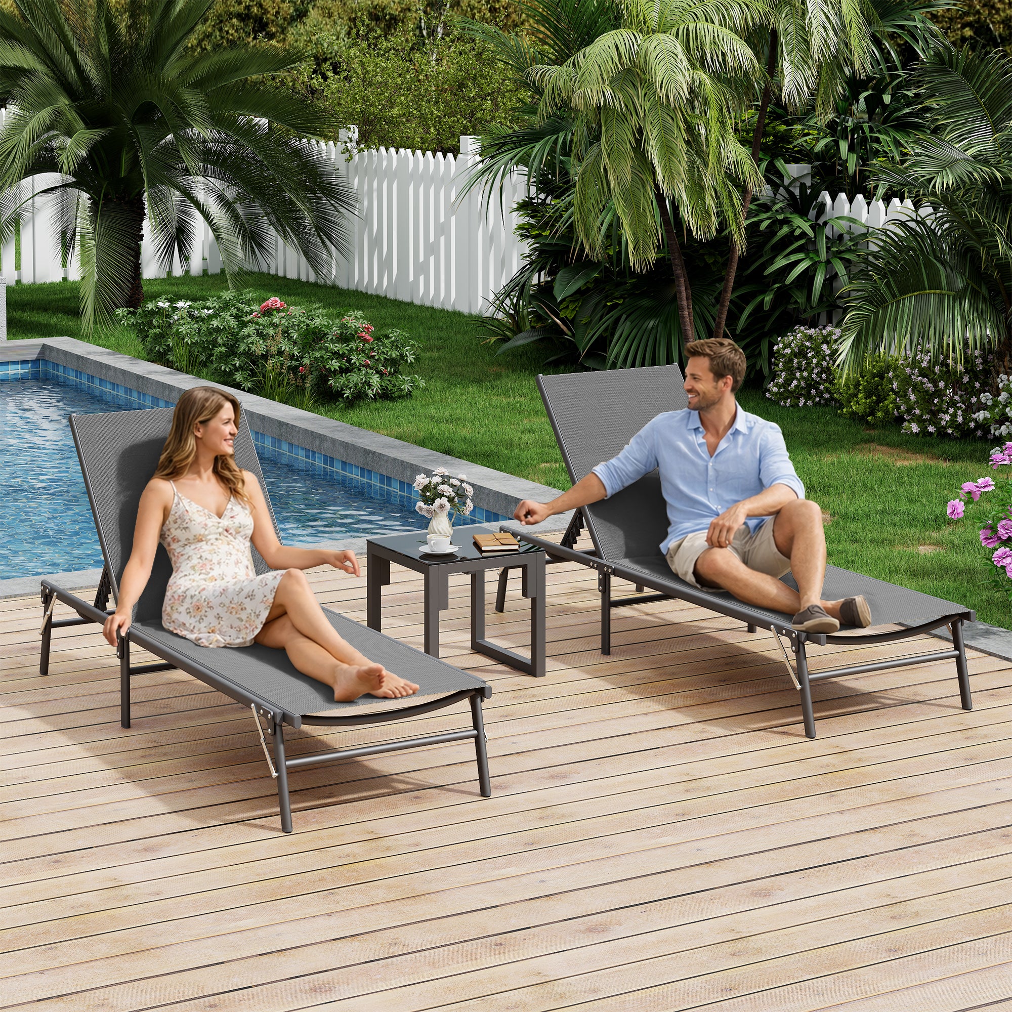 Outdoor Foldable Lounge Chair Set of 2 with Table Pool Lounge Chairs for Outside, Adjustable Lounger for Poolside Lawn Deck Lay Flat Sunbathing Backrest for Patio, Beach, Yard(Grey)