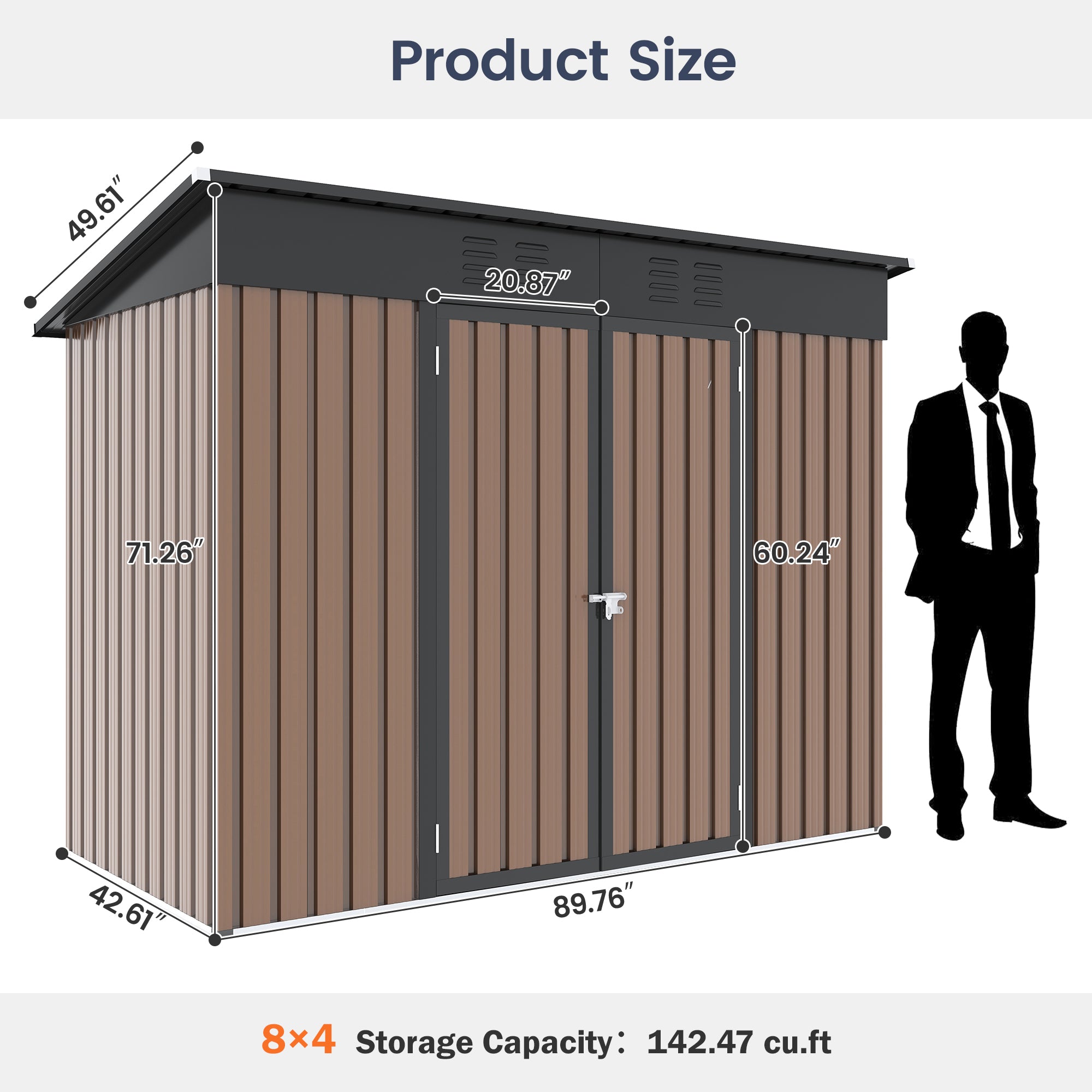 UDPATIO Storage Shed with Floor, 8X4 FT Metal Sheds & Outdoor Storage with Sloping Roof & Lockable Door for Bicycle, Tool in Patio Lawn, Garden, Backyard, Backyard, Brown
