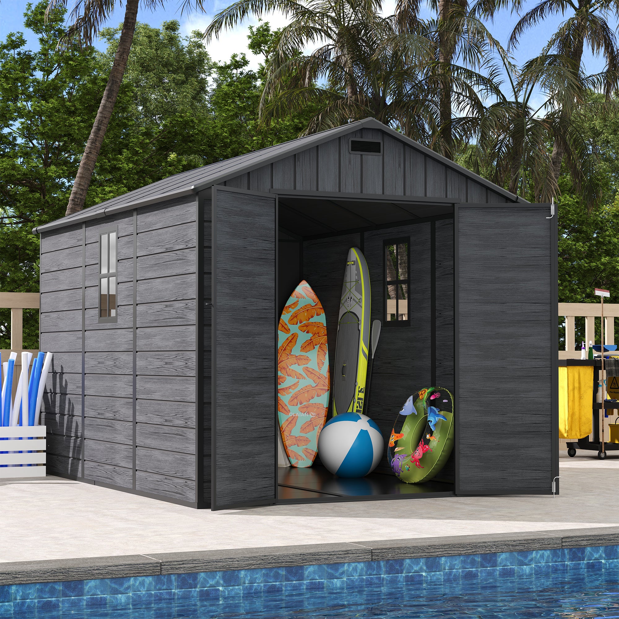 UDPATIO Outdoor Resin Storage Shed 8 x 10 FT, Plastic Storage Shed with Floor Large Outdoors Garden Tool Storage Shed Outside Clearance Shed with Lockable Door for Bike, Backyard, Patio, Dark Grey