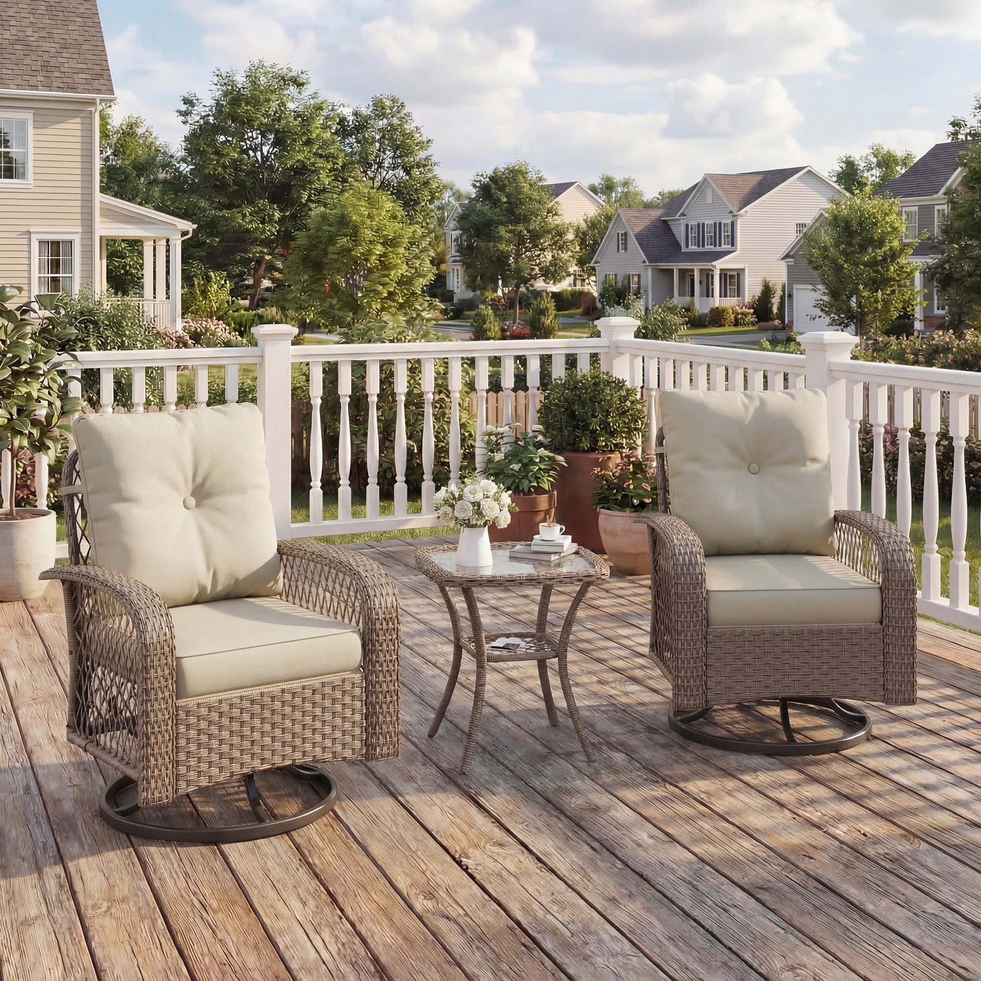 UDAPTIO Swivel Rocker Chair Set 2 with Side Table, 3 Piece Wicker Bistro Set with 4" Water-Resistant Cushions, Outdoor Glider for Front Porch, Patio, Balcony, Beige