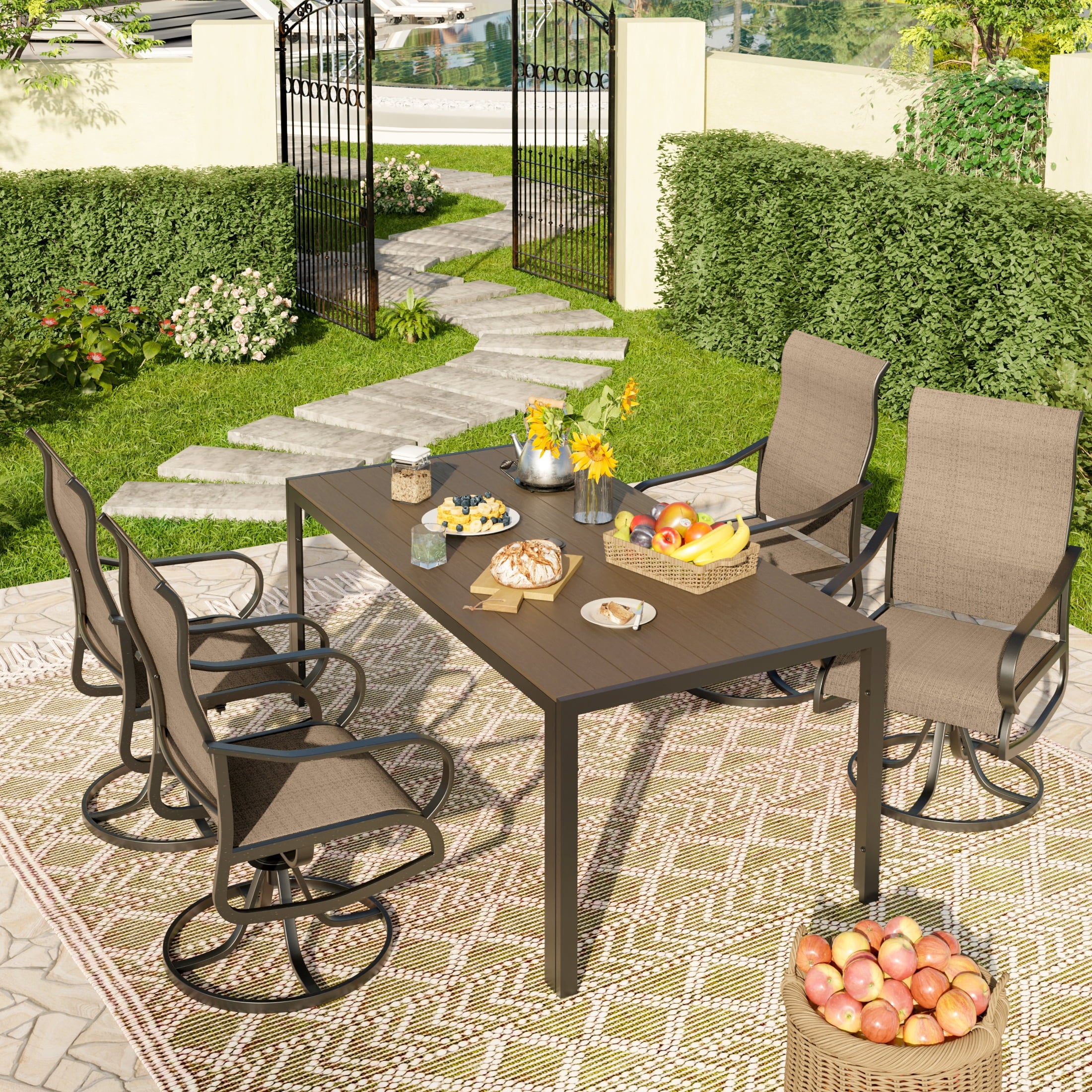 UDPATIO 5-Piece Outdoor Dining Set with High-Back Swivel Chairs & Iron Rectangle Table for 4-Person, Brown & Khaki