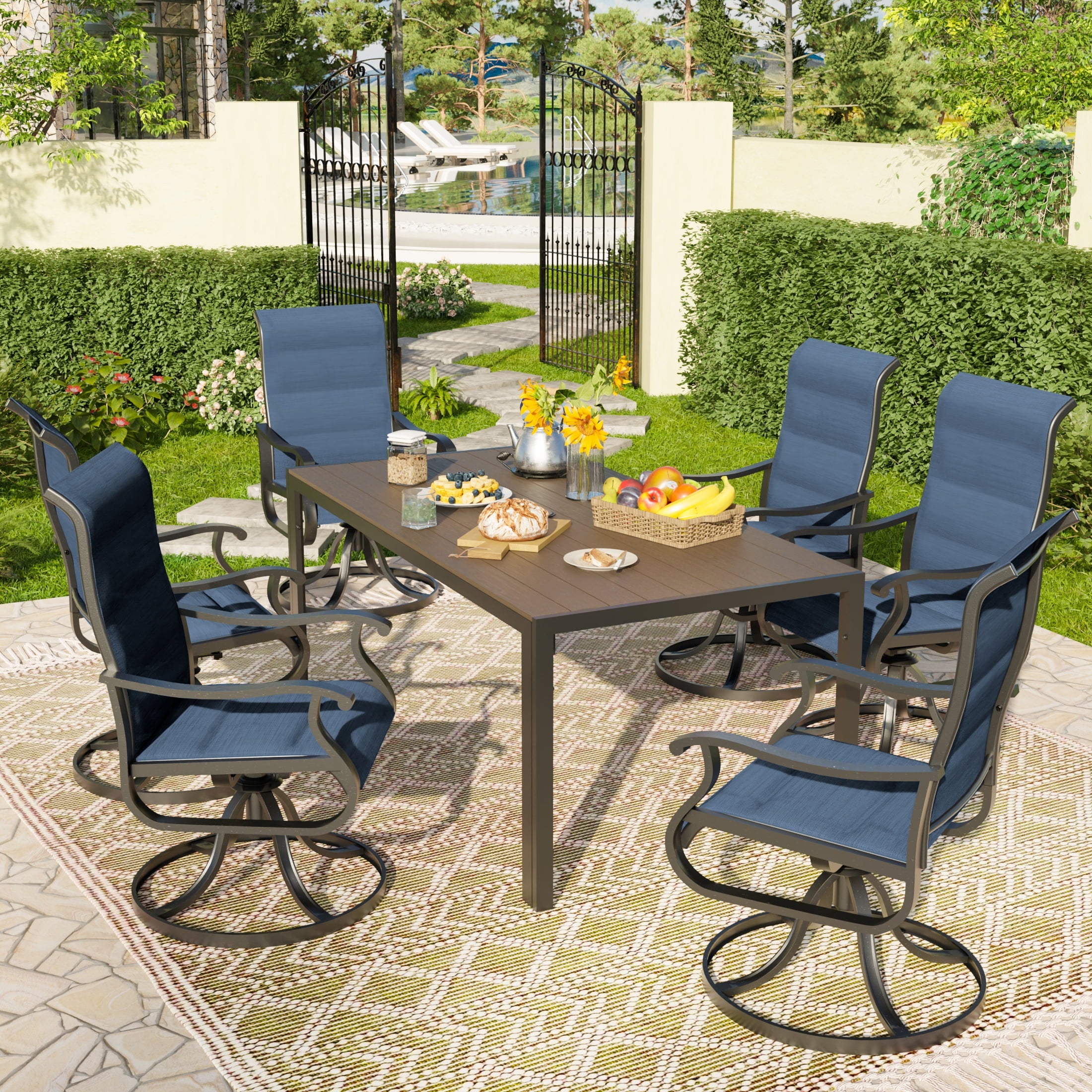 UDPATIO 7-Piece Outdoor Dining Set with High-Back Swivel Padded Chairs & Iron Rectangle Table for 6-Person, Brown & Navy Blue