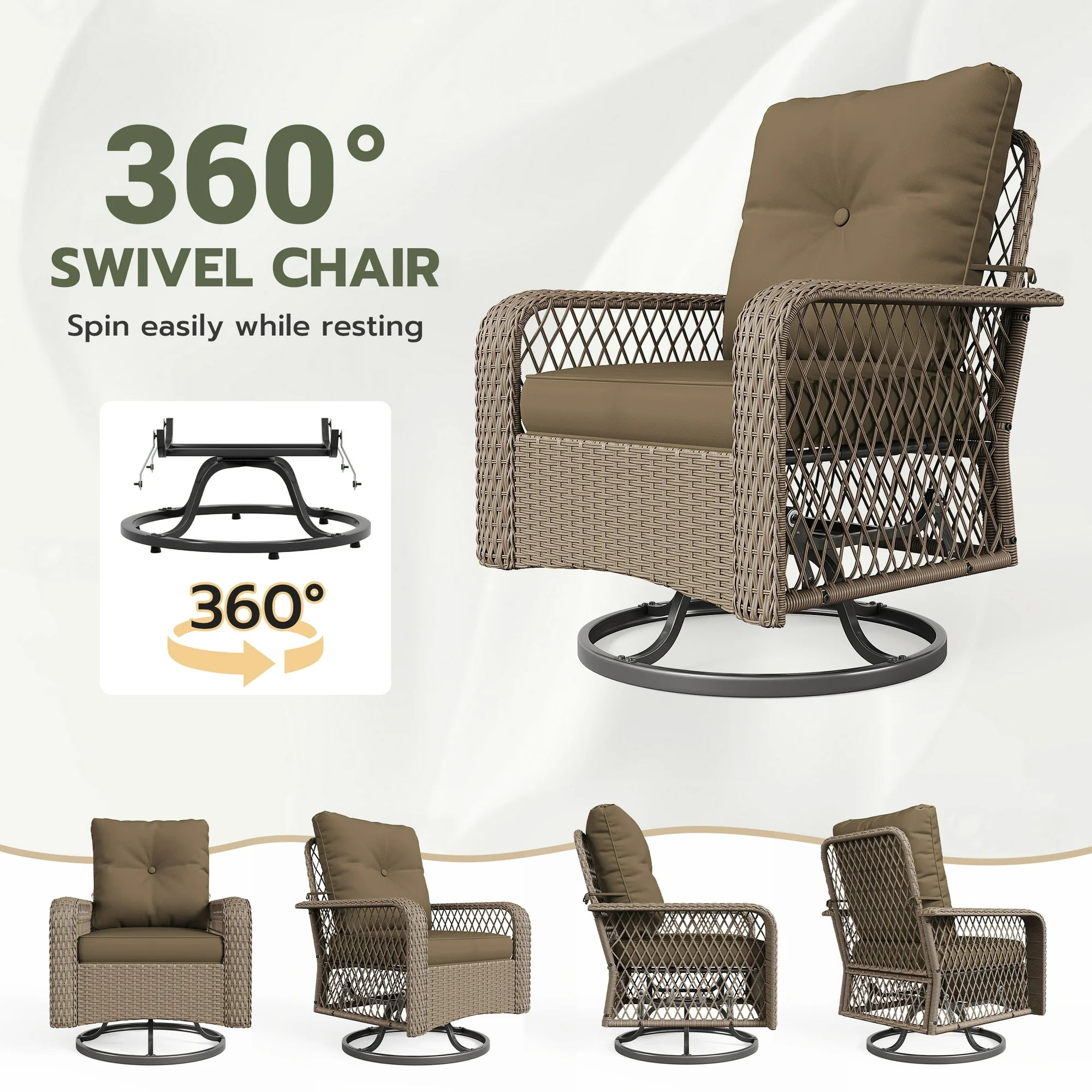 UDPATIO 3 Pieces Patio Furniture Set, Outdoor Swivel Gliders Rocker, Wicker Patio Bistro Set with Rattan Rocking Chair, Glass Top Side Table and Thickened Cushions (Brown coffee)