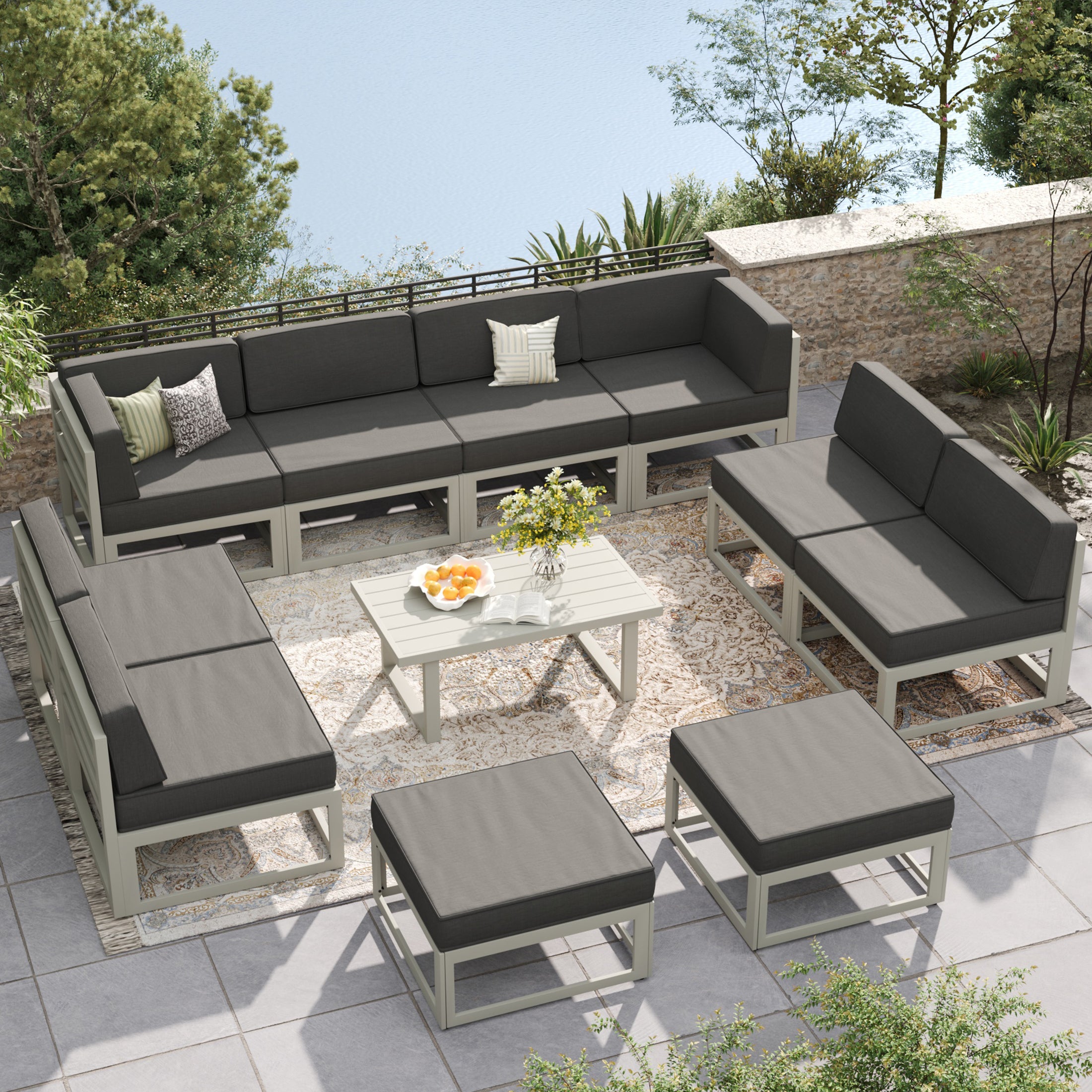 UDPATIO Aluminum Patio Furniture, Metal Patio Conversation Set with Waterproof Cover, 5 Inch Thick Cushions , Modern Outdoor Furniture for Deck & Backyard, Light Gray