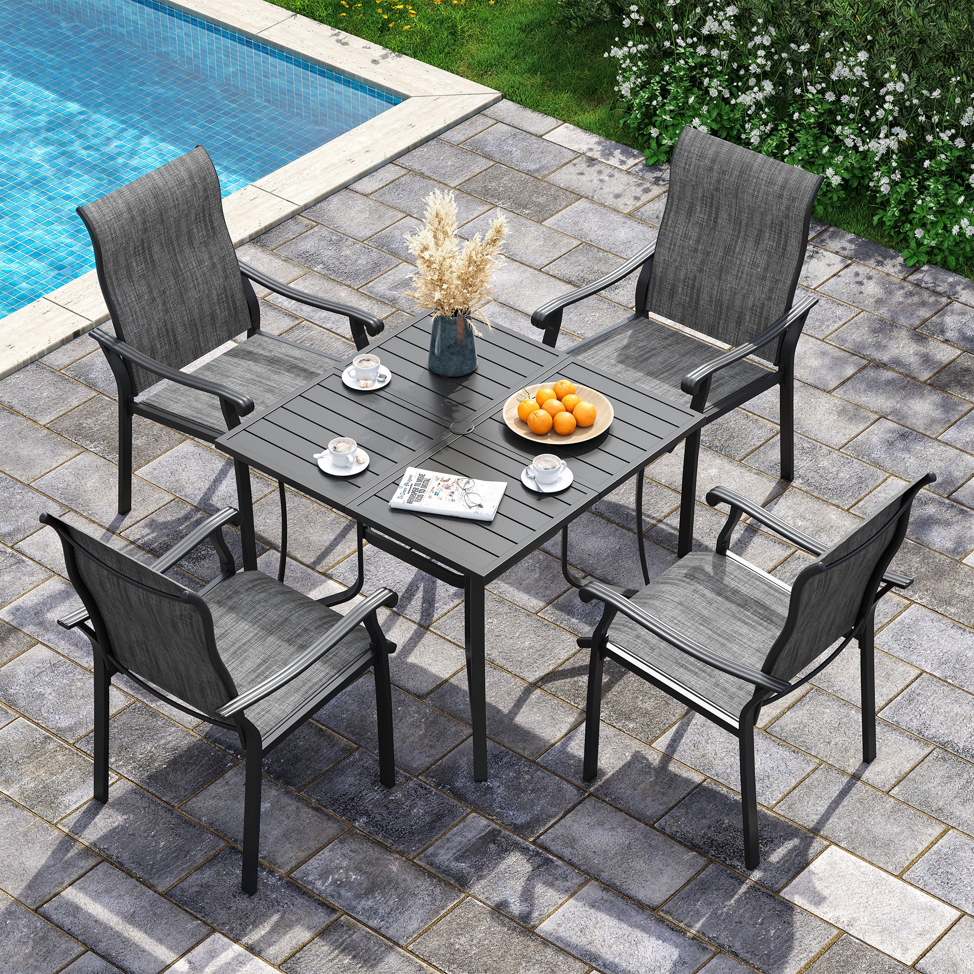 UDPATIO 5 Piece Patio Dining Set for 4, 37" Black Square Table with Umbrella Hole, Metal Gray Patio Chairs Set of 4, Patio Outdoor Table and Chair Set, Outside Dining Set for Lawn, Backyard