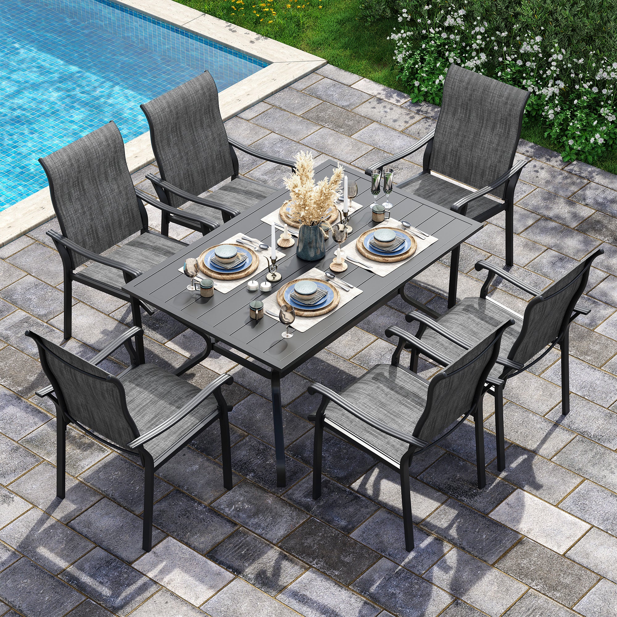 UDPATIO 7 Piece Patio Dining Set for 6, Patio Outdoor Table and Chairs, 59"×38" Black Table with Umbrella Hole, Gray Patio Chairs Set of 6, Patio Outdoor Dining Set for Lawn, Backyard, Deck