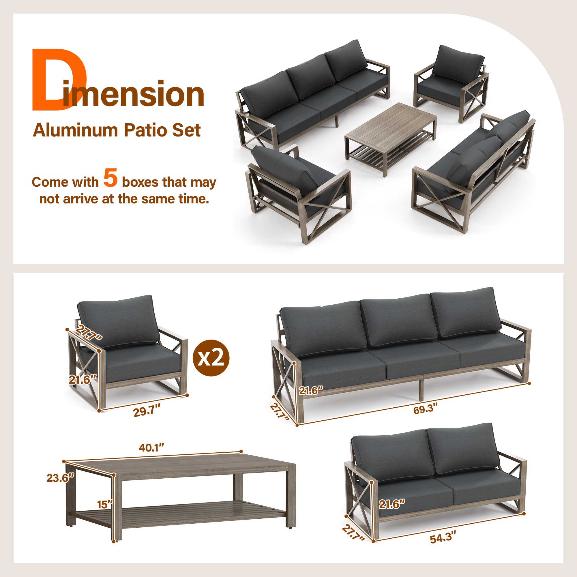 UDPATIO 5 Pieces Aluminum Patio Furniture Set Modern Outdoor Furniture Faux Wood Grain Patio Conversation Sets with Coffee Table for Balcony, Backyard, Include 600D Waterproof Cover