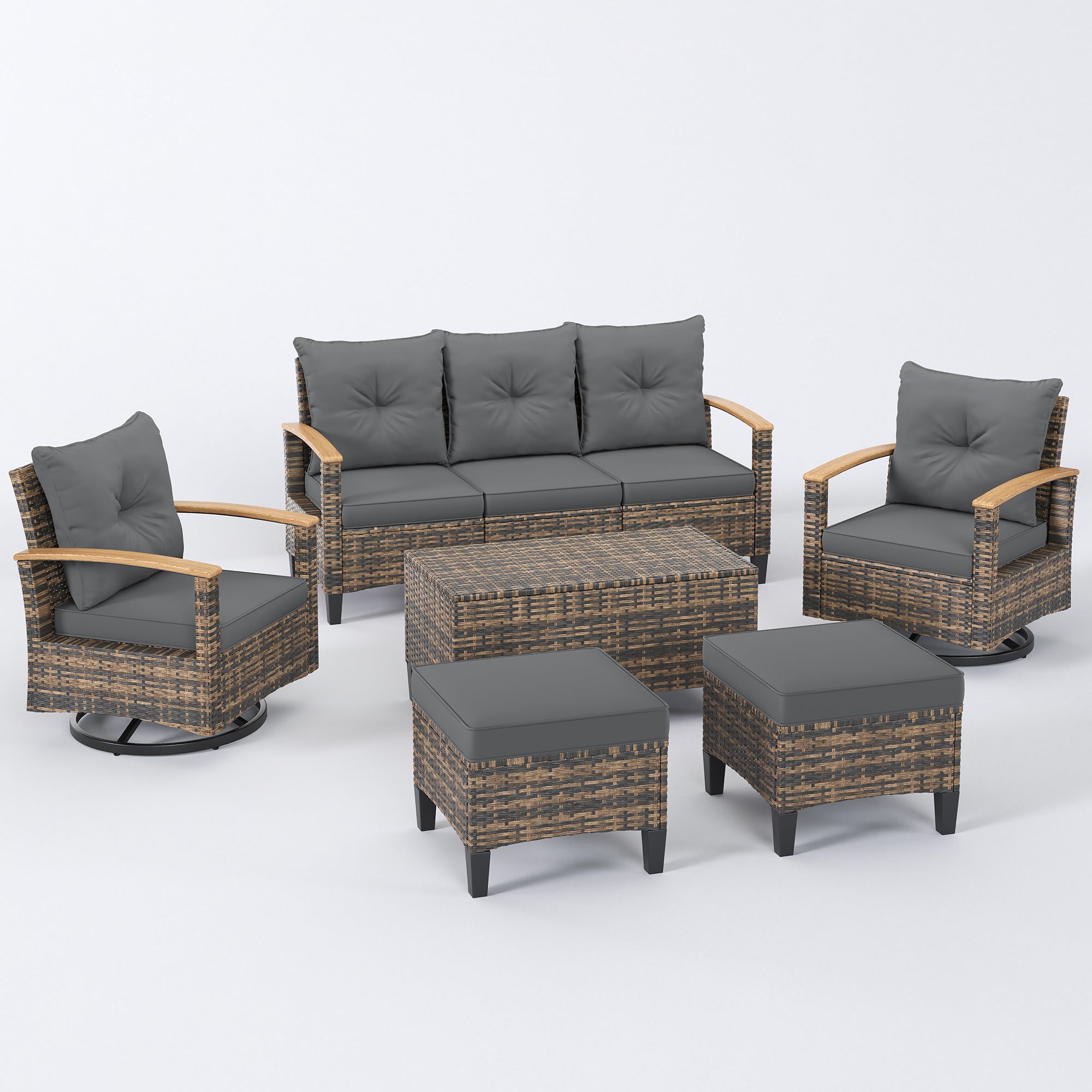 UDPATIO Patio Furniture Set with Swivel Chairs, 6 Pieces Outdoor Wicker Conversation Set with Storage Table for Lawn, Porch, Garden, Backyard, Grey