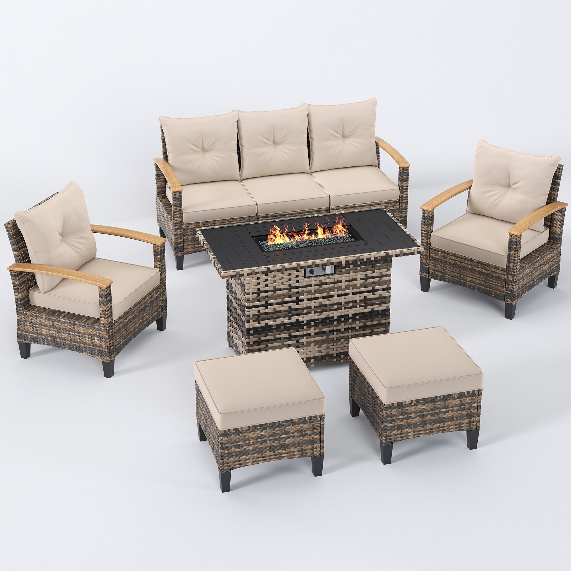 UDPATIO Patio Furniture Set with Fire Pit Table, 6 Pieces Outdoor Wicker Conversation Set for Lawn, Porch, Garden, Backyard, Khaki