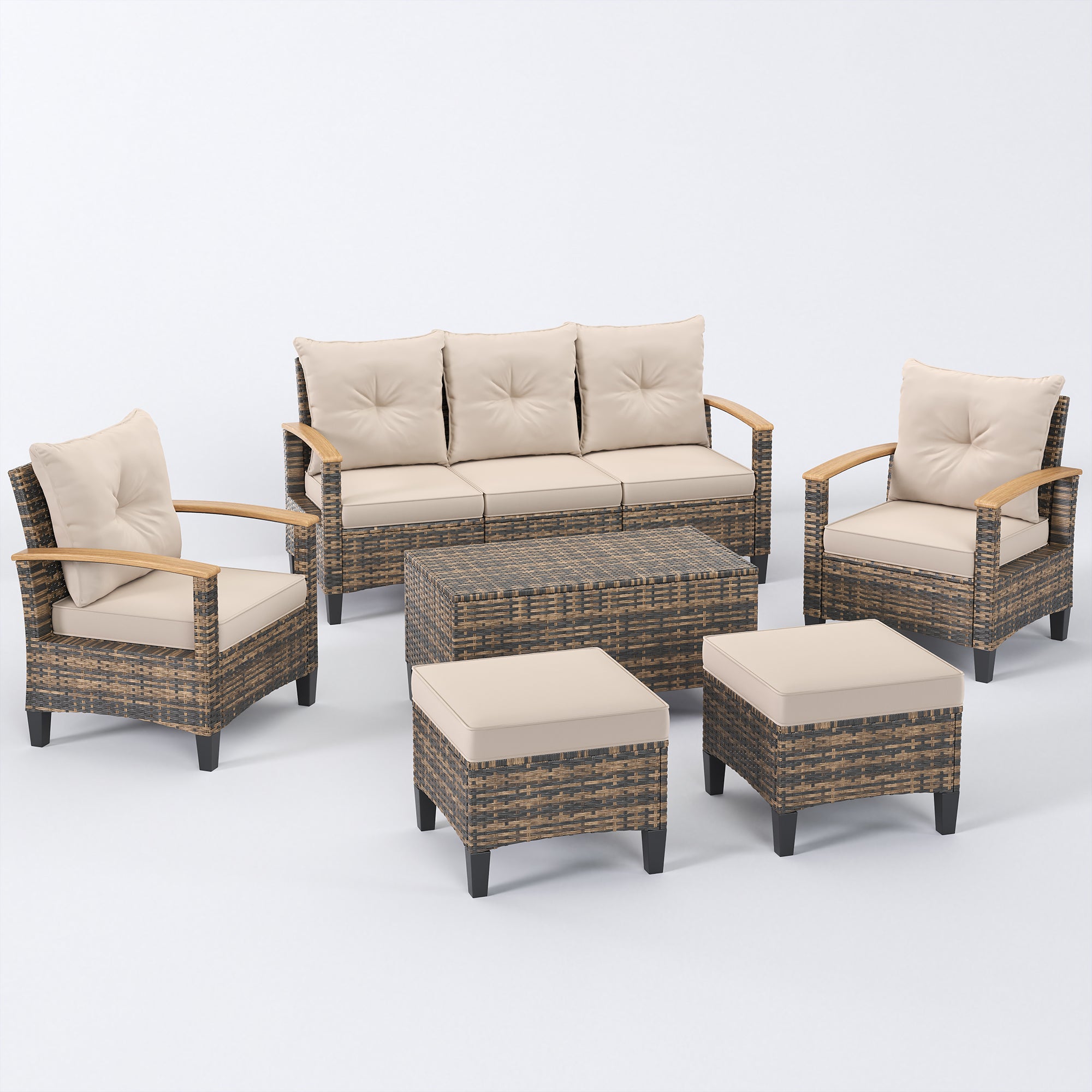 UDPATIO Wider Armrests Patio Furniture Set, 6 Pieces Wicker High Back Outdoor Conversation Set with 2 Ottomans & Storage Table for Lawn, Porch, Garden, Backyard, Khaki