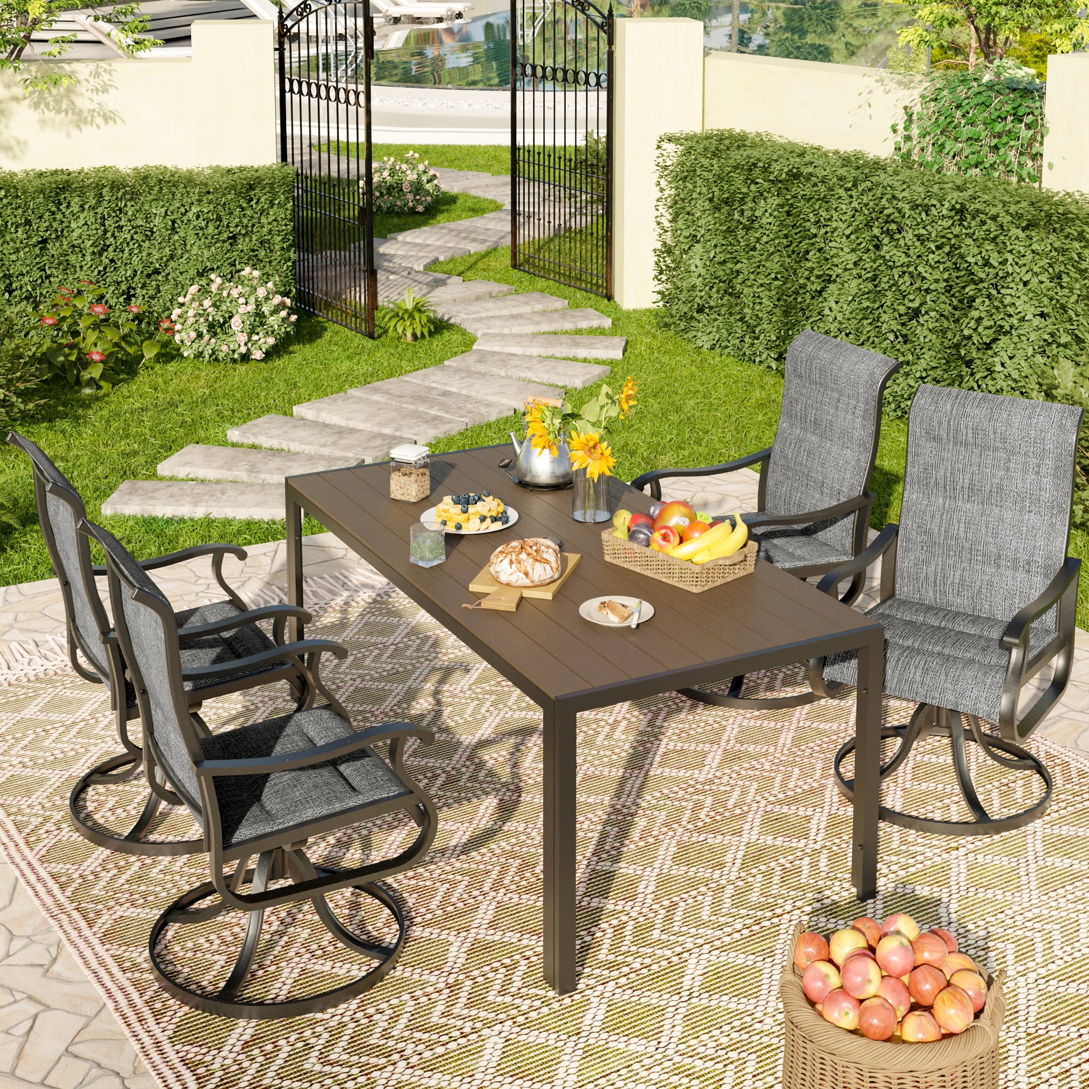 UDPATIO 5-Piece Outdoor Dining Set with High-Back Swivel Padded Chairs & Iron Rectangle Table for 4-Person, Brown & Dark Grey