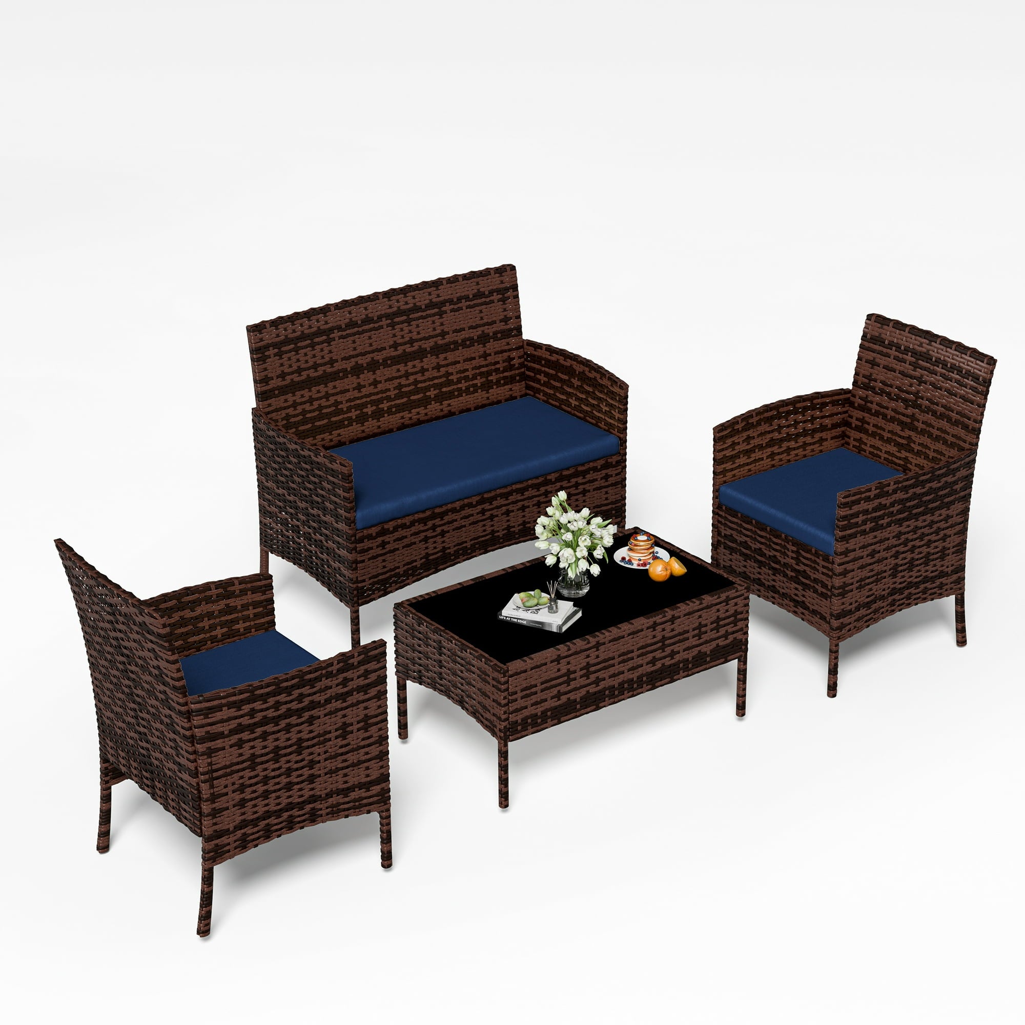 UDPATIO 4 Pieces Outdoor Patio Furniture,Sectional Conversation Sets,Brown PE Rattan Patio Chairs with Table and Loveseat for Balcony, Porch, Backyard,(Navy Blue Cushion)