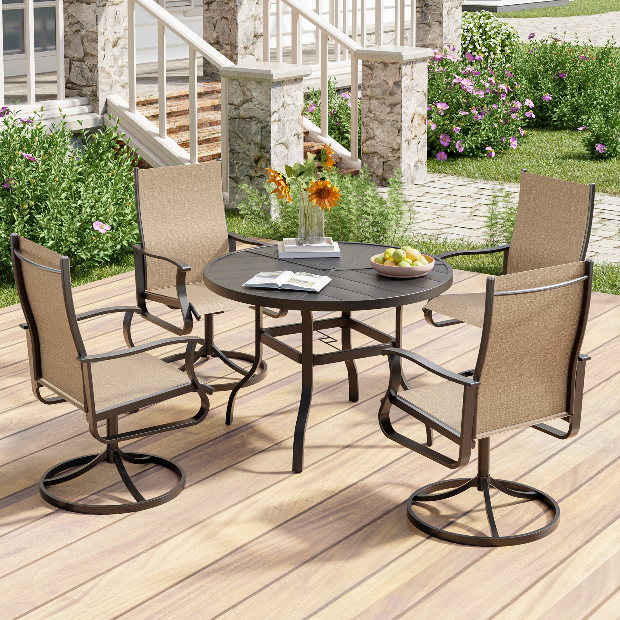 UDPATIO 5 Piece Outdoor Patio Dining Set with 39" Round Table & 4 Outdoor Swivel Rocker Dining Chairs with All Weather Textilene High Back & Metal Frame, Outdoor Table and Chair Set for Lawn, Backyard