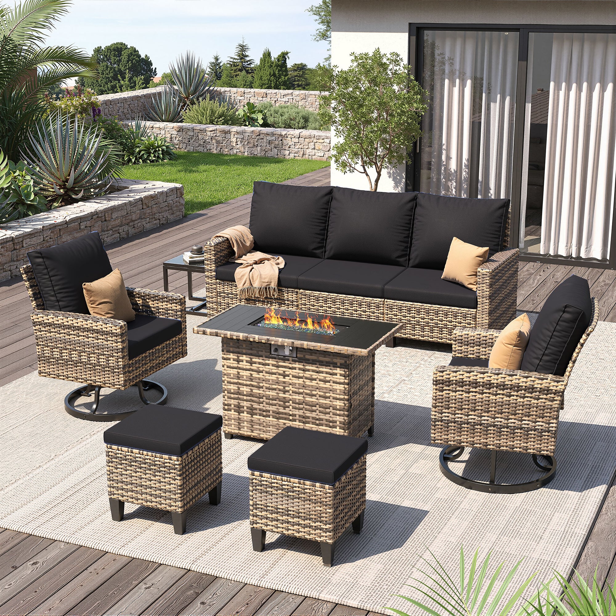 UDPATIO Patio Furniture Set with Fire Pit Table, 7 Pieces Outdoor Conversation Sets with Swivel Chairs and Ottomans, All-Weather Rattan Wicker Patio Sofa Couch for Backyard, Deck, Porch, Black/Yellow
