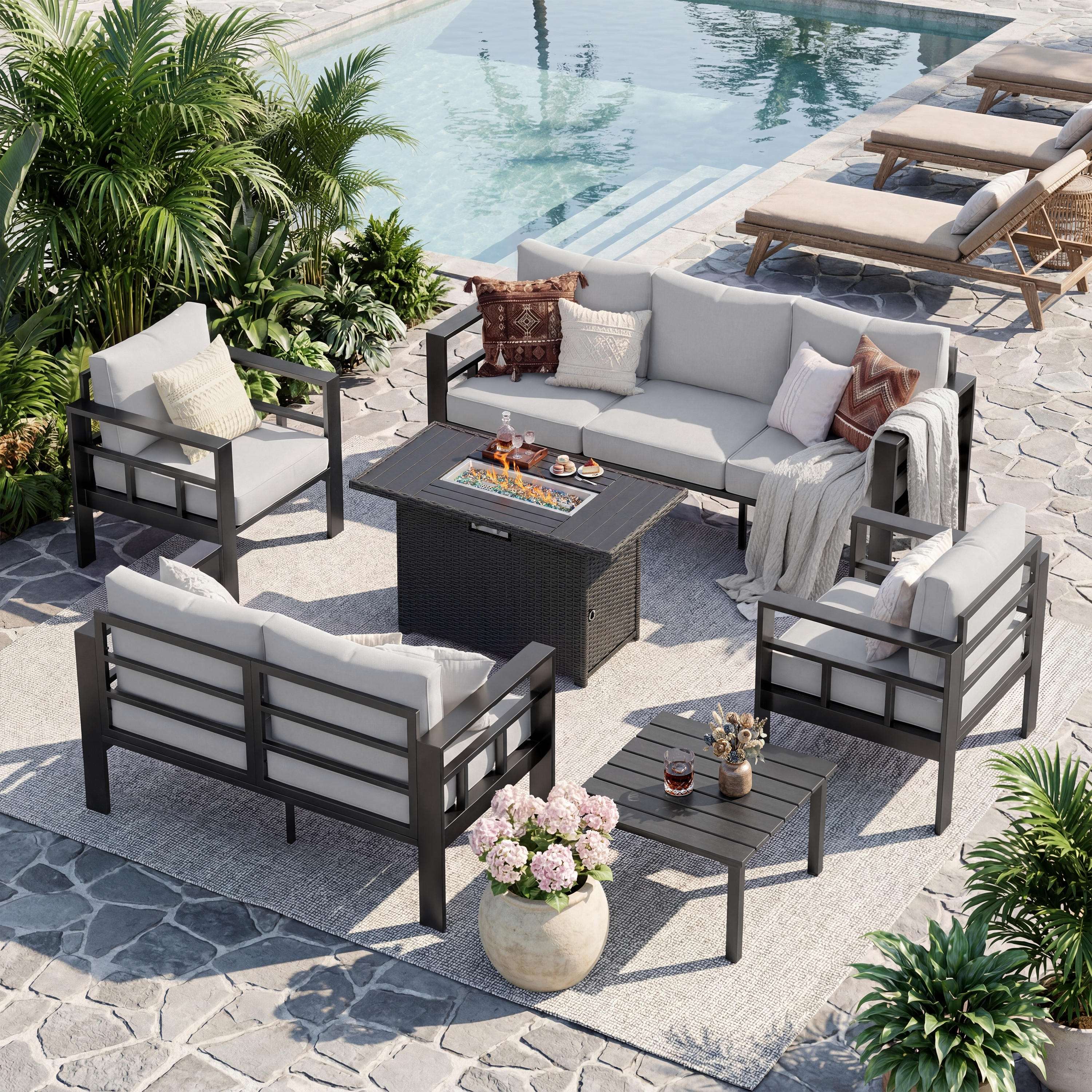 UDPATIO Aluminum Outdoor Furniture Set with Fire Pit Table, 6 Pieces All-Weather & UV-Resistant Patio Sectional Sofa Set for Deck, Backyard, Poolside, Light Gray
