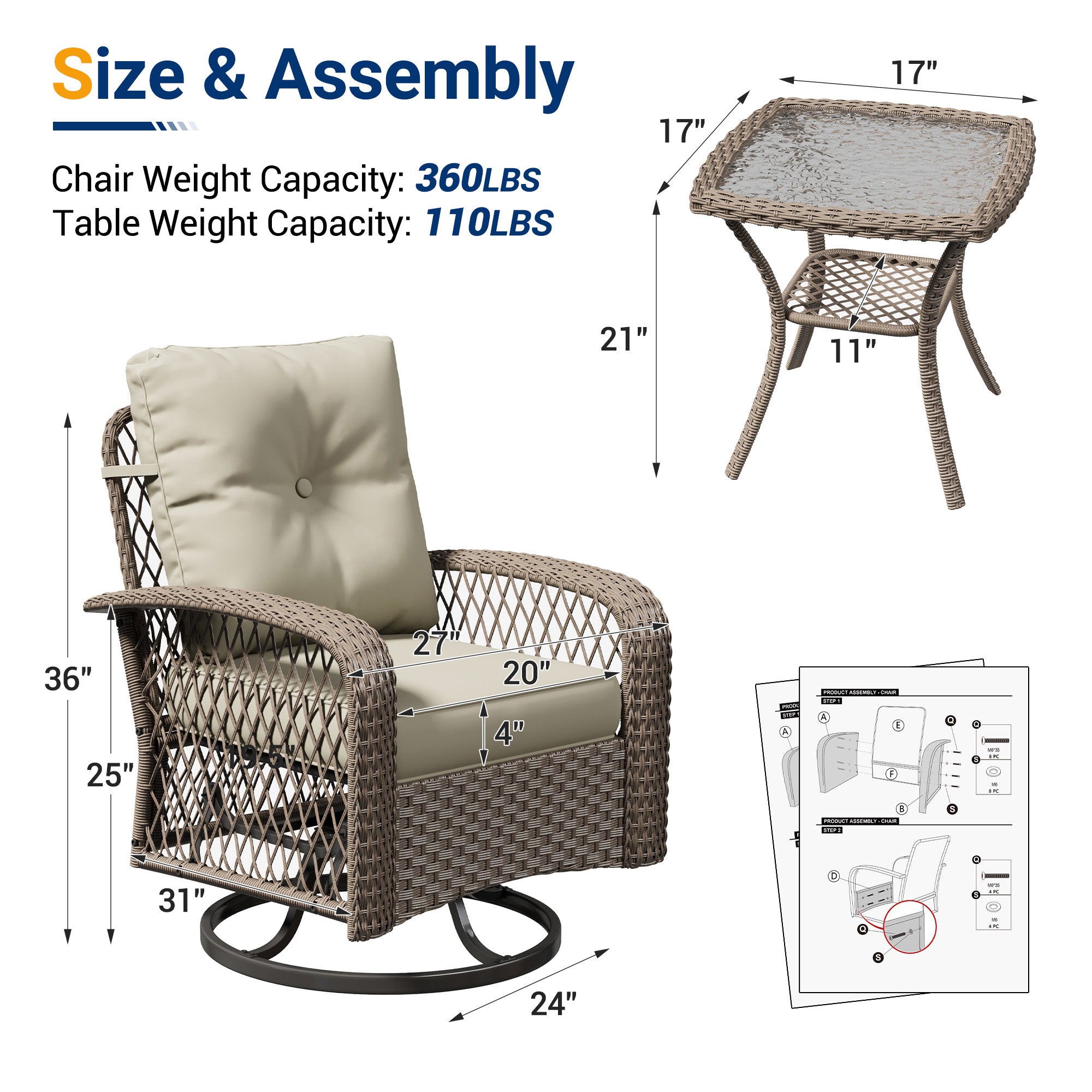 UDAPTIO Swivel Rocker Chair Set 2 with Side Table, 3 Piece Wicker Bistro Set with 4" Water-Resistant Cushions, Outdoor Glider for Front Porch, Patio, Balcony, Beige