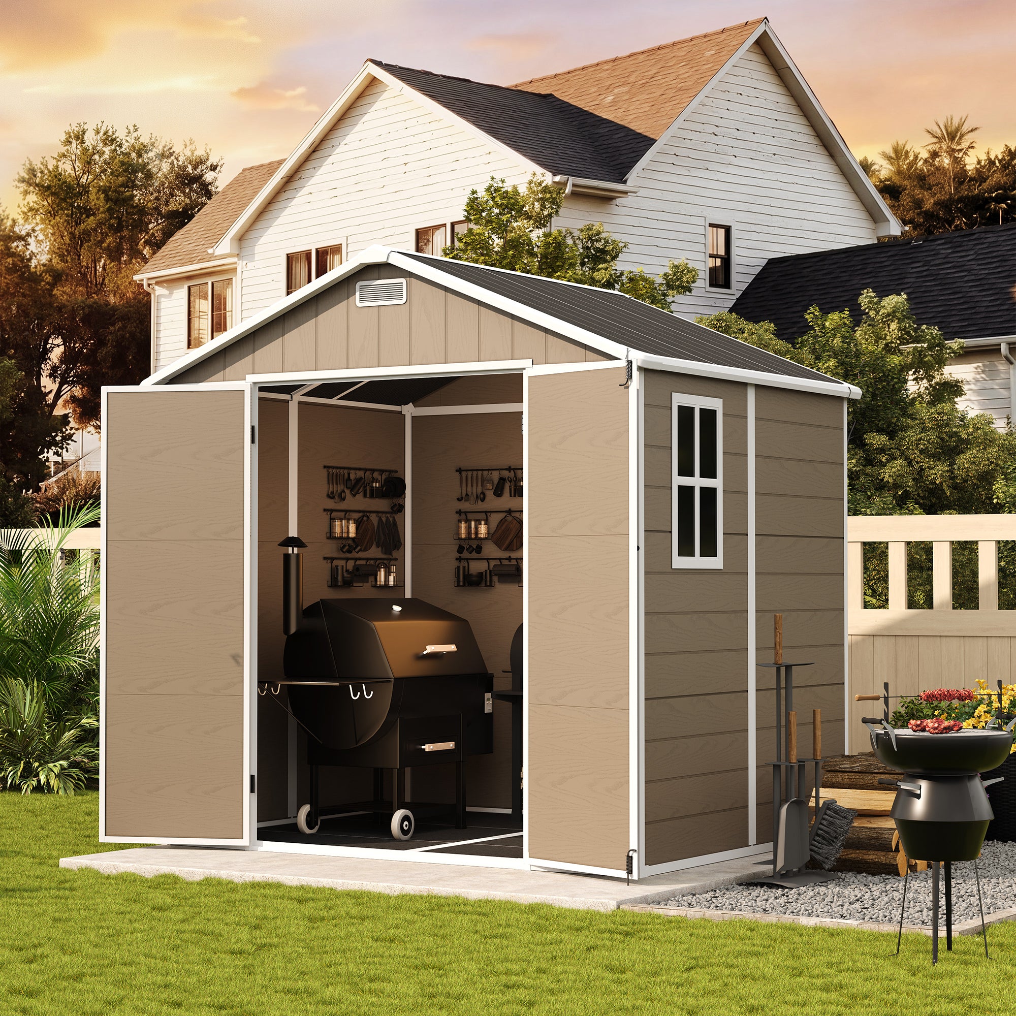 UDPATIO Resin Storage Shed 8 x 6 FT, Plastic Outdoor Storage Shed with Floor Outdside Storage Garden Patio Sheds with Lockable Door for Bike, Garbage Can, Tool, Dark Grey