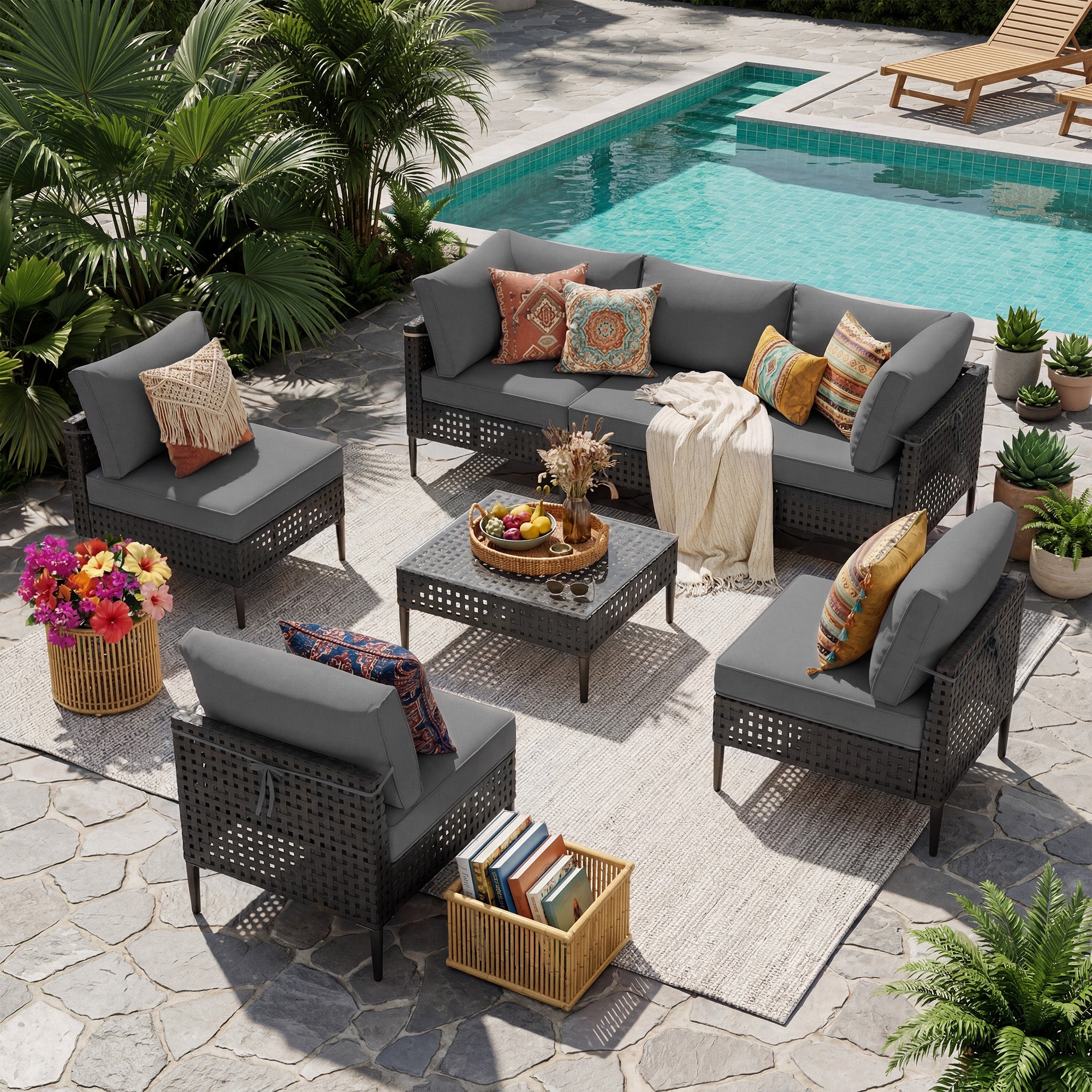 UDPATIO Wicker Patio Furniture Set with Sectional Sofas, All-Weather Cushions and Coffee Table, Bohemian Style and High-Leg Design for Garden, Deck, Poolside (Dark Gray/7 Piece)