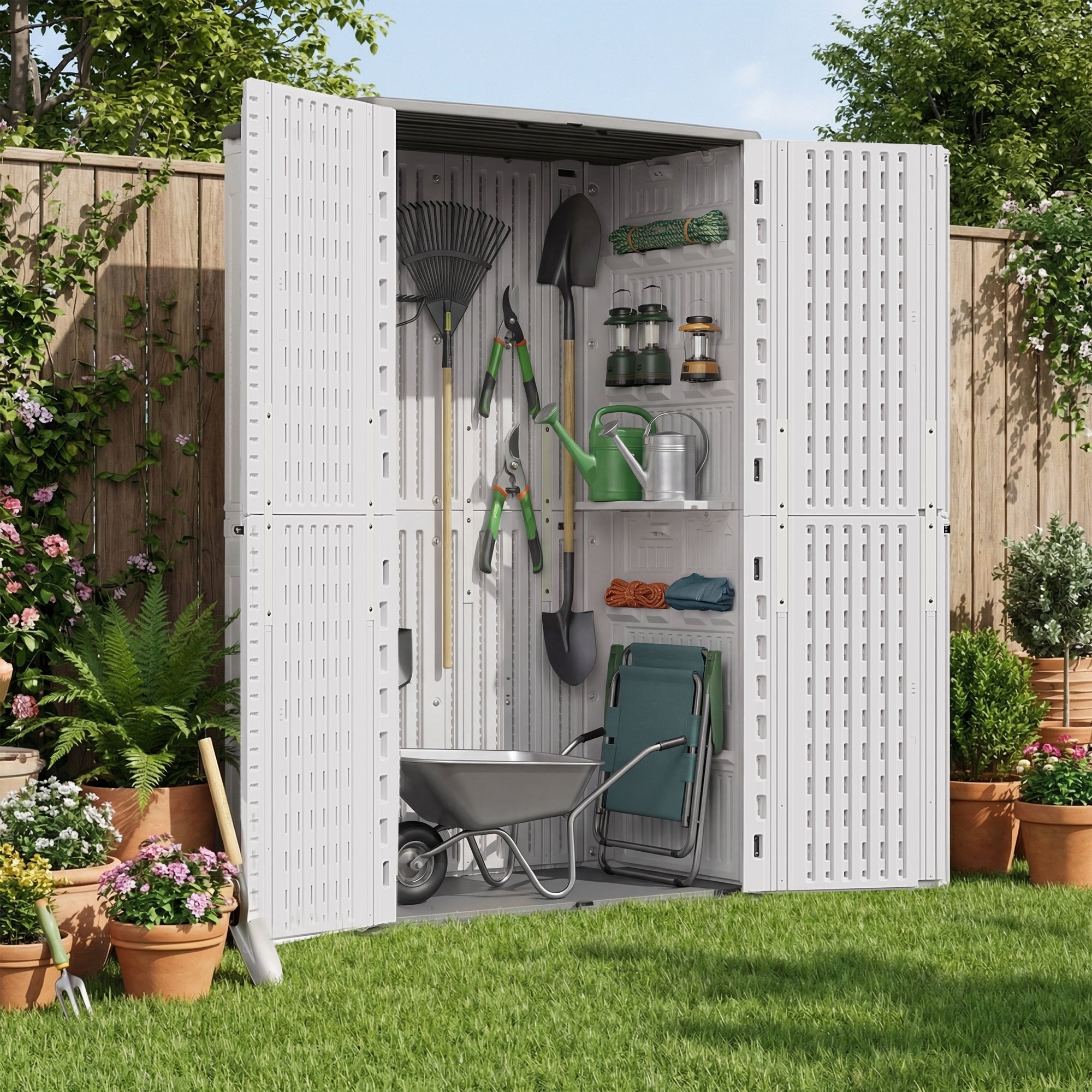 UDPATl0 67 Cu.Ft Resin Outdoor Storage Shed, Patio Plastic Vertical Sheds with Floor, Waterproof Bin Shed Horizontal Storage Cabinet for Patio, Backyards, Garden, Pool, Tool Shed