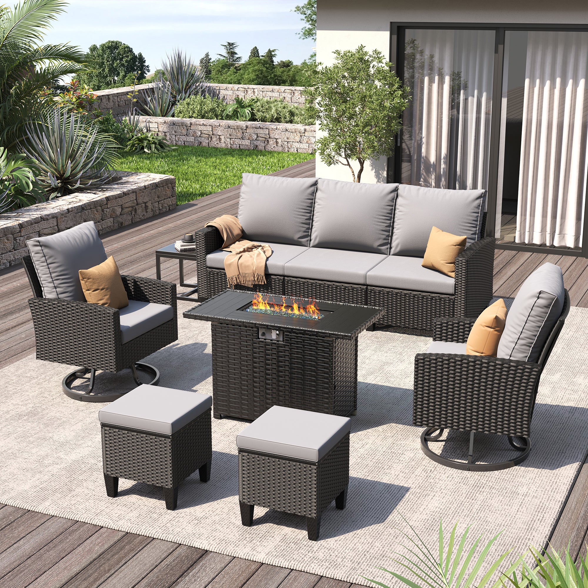 UDPATIO Patio Furniture Set with Fire Pit Table, 7 Pieces Outdoor Conversation Sets with Swivel Chairs and Ottomans, All-Weather Rattan Wicker Patio Sofa Couch for Backyard, Deck, Porch, Grey/Black