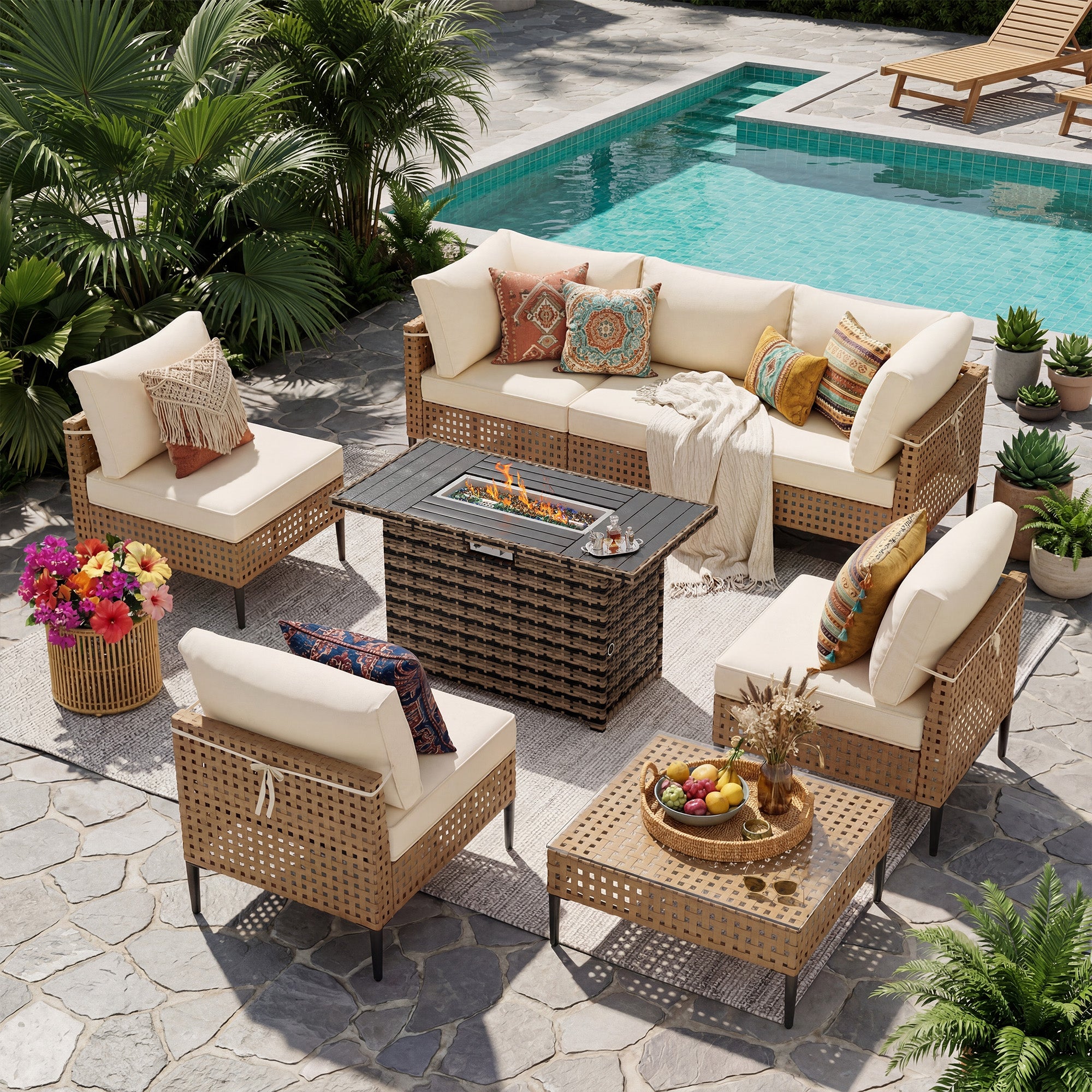 UDPATIO Wicker Patio Furniture Set with Sectional Sofas, All-Weather Cushions and Fire Pit Table, Bohemian Style and High-Leg Design for Garden, Deck, Poolside (Beige/8 Piece)