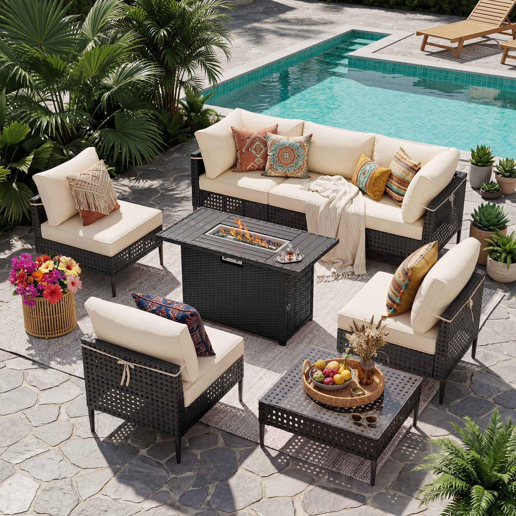 UDPATIO Wicker Patio Furniture Set with Sectional Sofas, All-Weather Cushions and Fire Pit Table, Bohemian Style and High-Leg Design for Garden, Deck, Poolside (Black/8 Piece)
