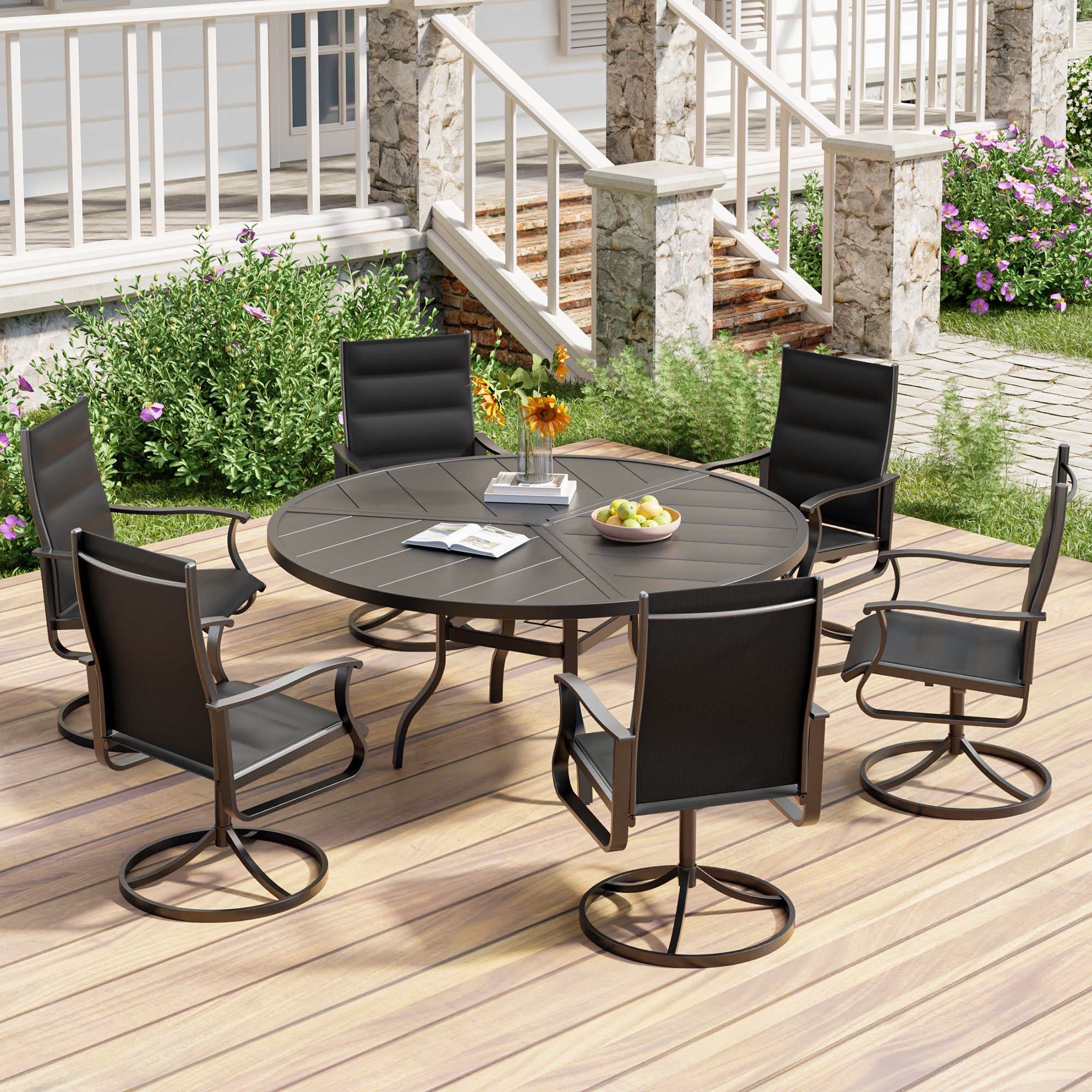 UDPATIO Swivel Patio Chairs Set of 6, Outdoor Swivel Rocker Patio Chairs with High Back, All Weather Textilene & Metal Frame for Backyard, Lawn, Porch, Pooside or Garden, Black - Padded