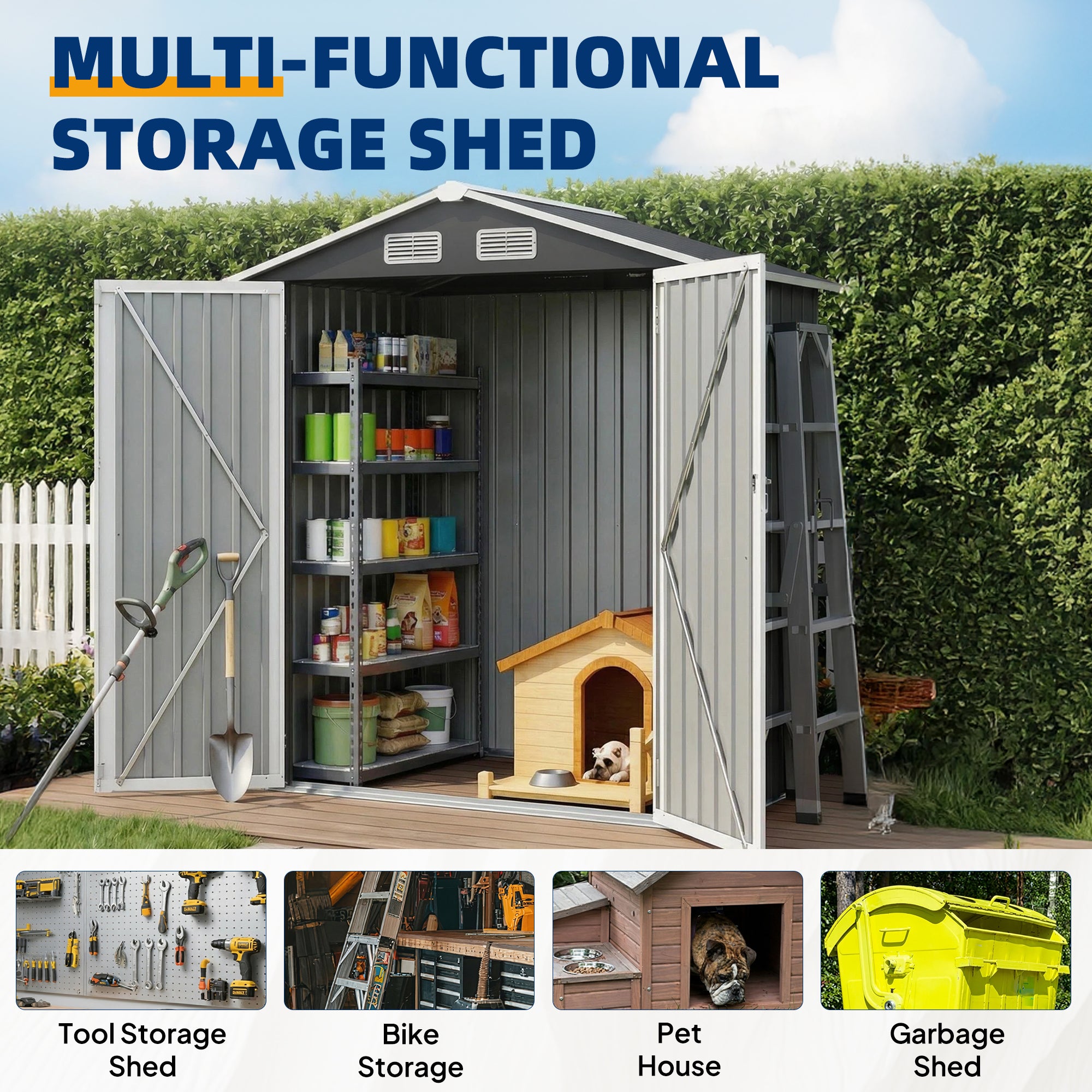 UDPATIO Outdoor Storage Shed, 6X4 FT Metal Steel Garage Storage with Sloping Roof & Lockable Door for Bicycle, Tool in Patio Lawn, Garden, Backyard, Grey