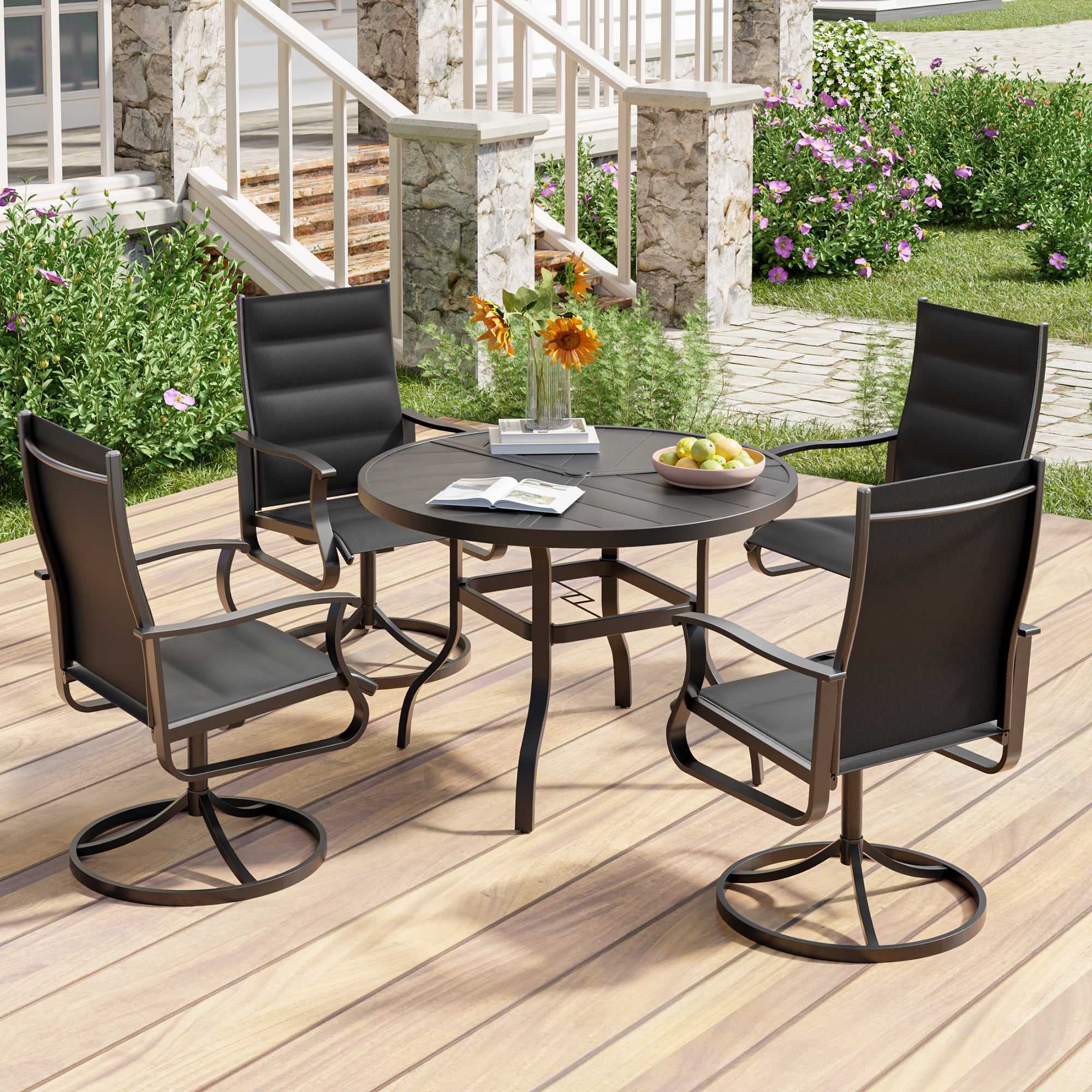 UDPATIO Swivel Patio Chairs Set of 4, Outdoor Swivel Rocker Patio Chairs with High Back, All Weather Textilene & Metal Frame for Backyard, Lawn, Porch, Pooside or Garden, Black - Padded