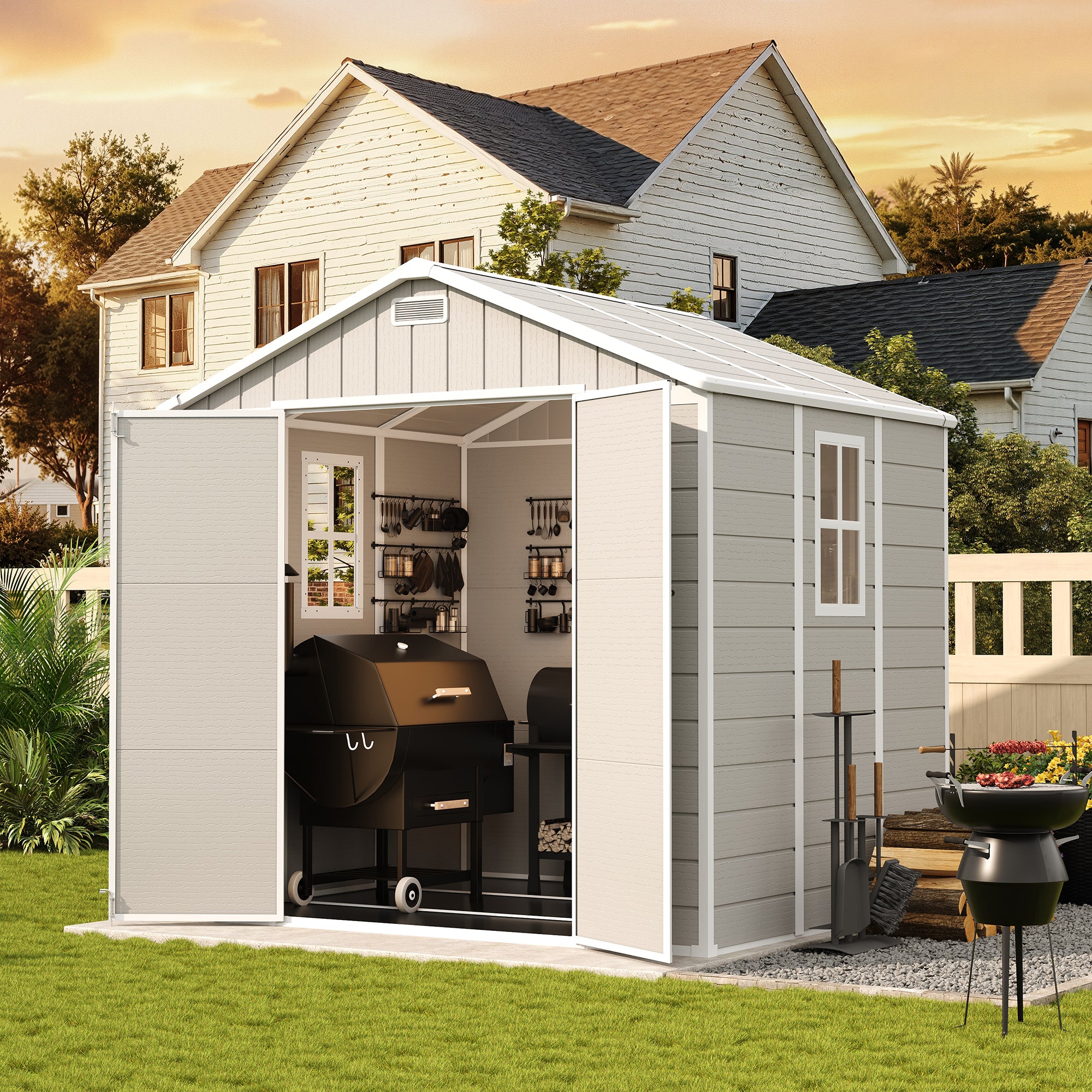 UDPATIO Resin Storage Shed 8 x 6 FT, Outdoor Garden Sheds with Floor Plastic Patio Outdoor Storage Shed with Lockable Door, Sandstone