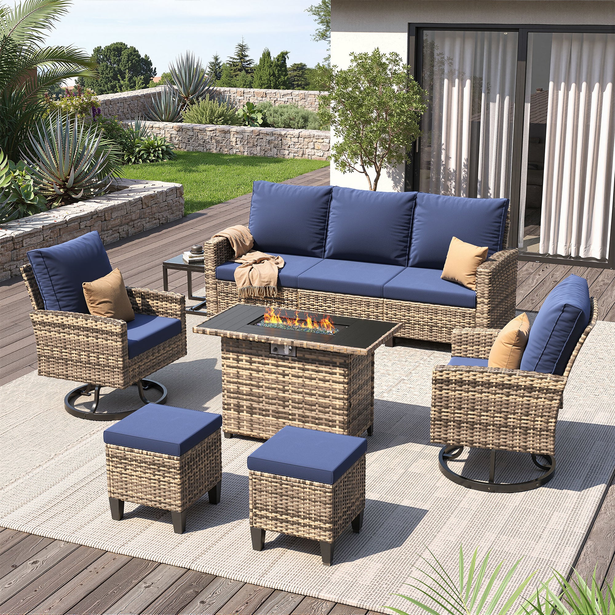 UDPATIO Patio Furniture Set with Fire Pit Table, 7 Pieces Outdoor Conversation Sets with Swivel Chairs and Ottomans, All-Weather Rattan Wicker Patio Sofa Couch for Backyard, Deck, Porch, Navy/Yellow