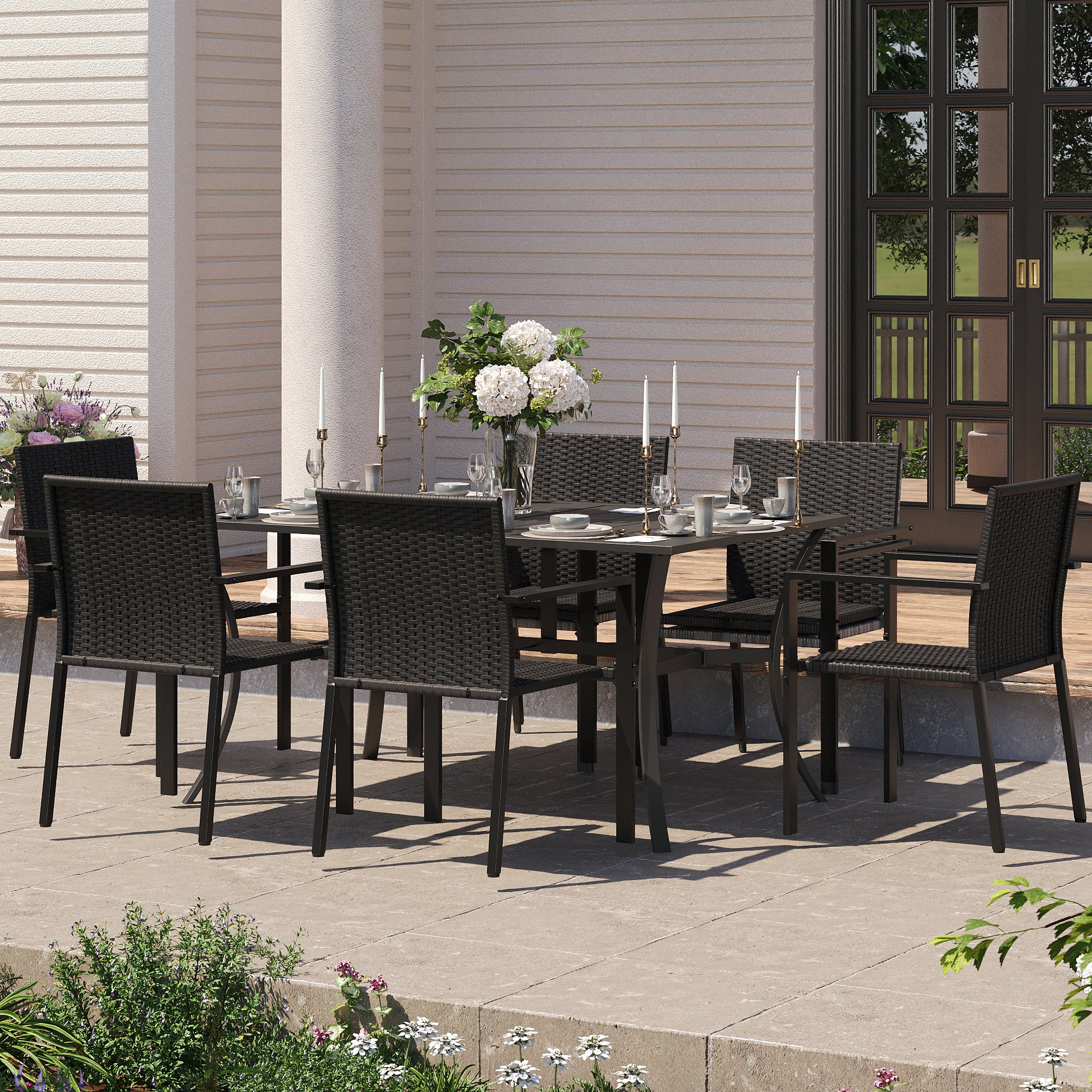 UDPATIO Stackable Patio Chairs Set of 2, Wicker Outdoor Chairs, All-Weather Rattan Dining Chairs with Deep Seat & Armrests, Steel Frame for Patio, Garden, Backyard, Deck, Lawn or Porch, Black