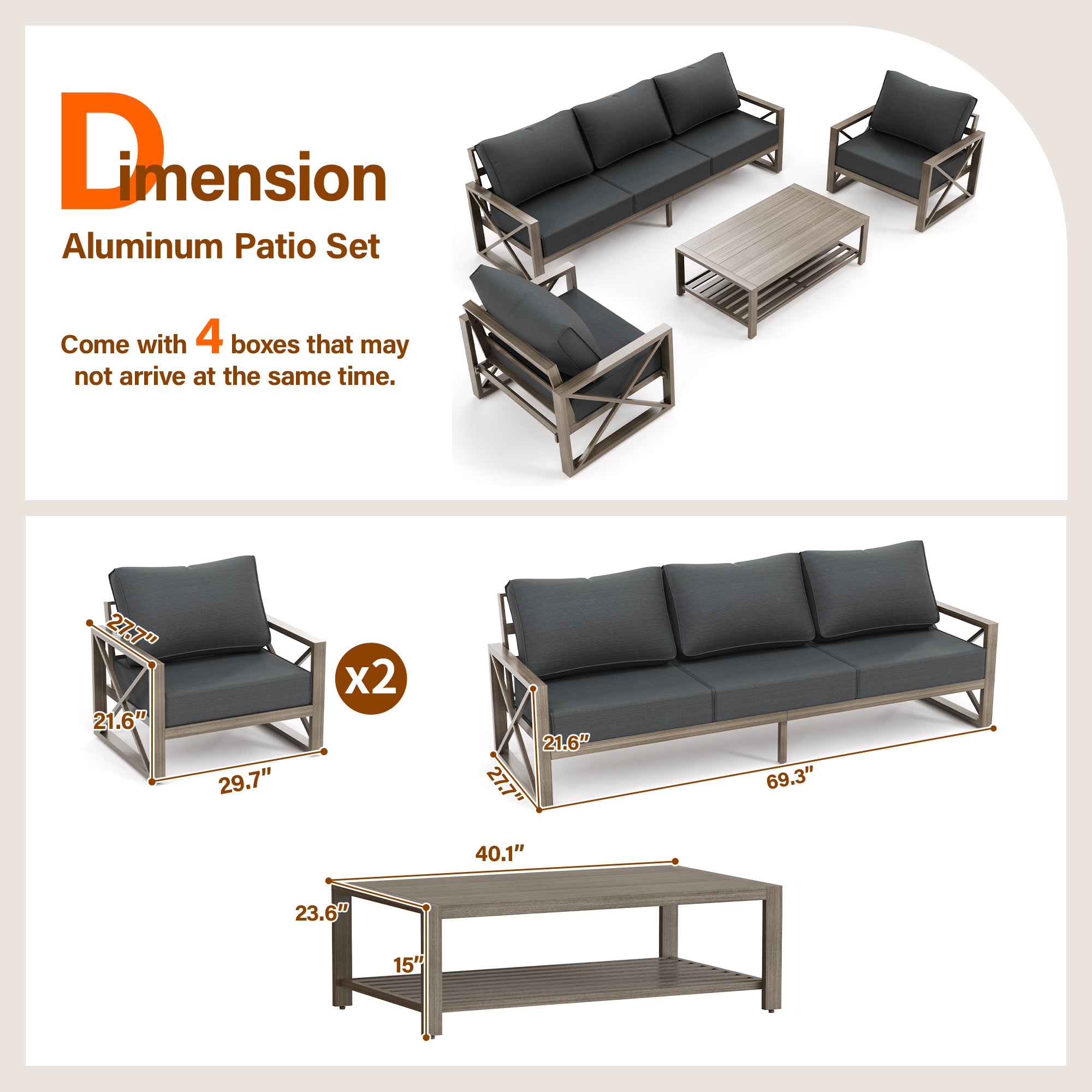 B0D9JQQ6HY UDPATIO 4 Pieces Aluminum Patio Furniture Set Modern Outdoor Furniture