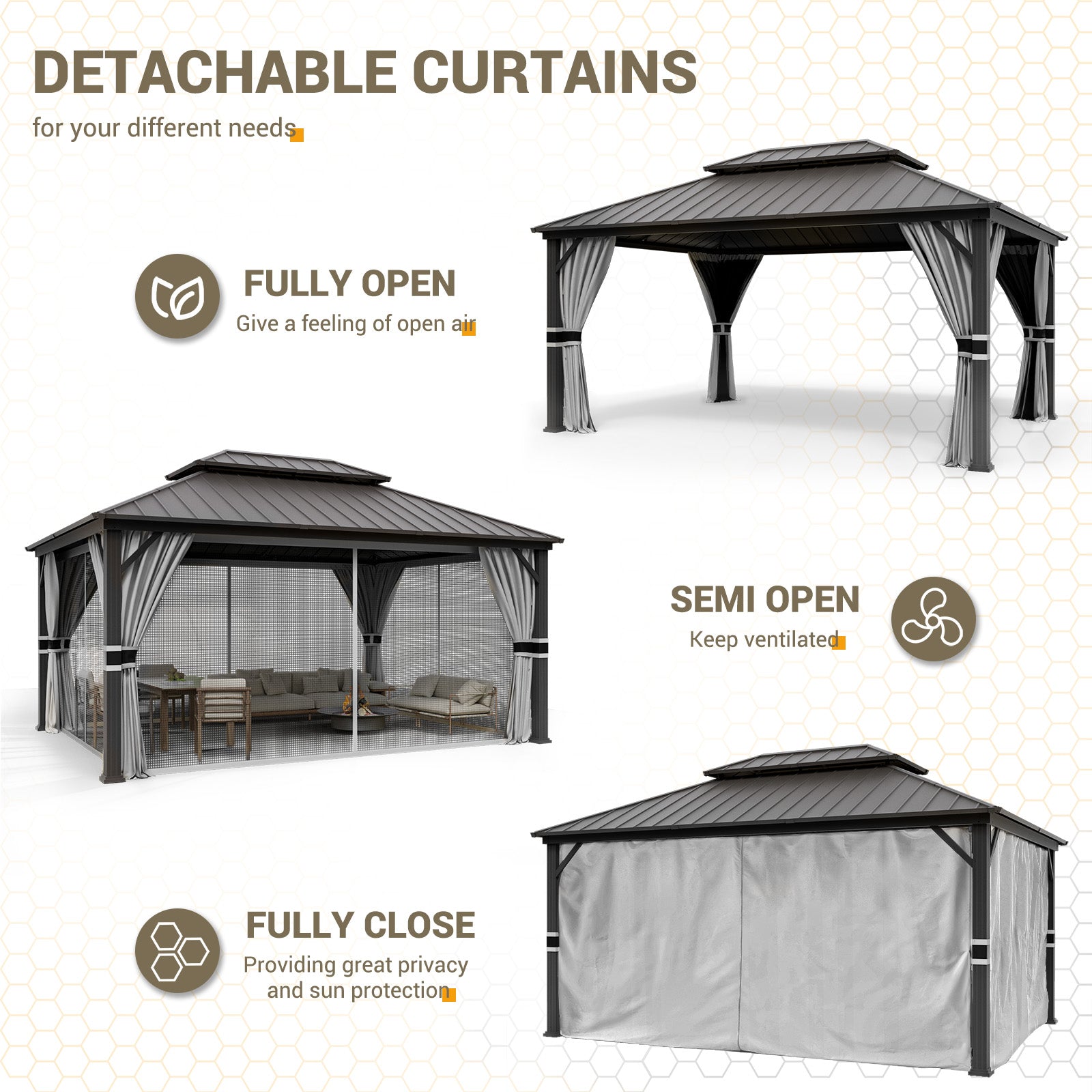 UDPATIO 12' x 16' Hardtop Gazebo,Aluminum Frame Galvanized Steel Double Roof Permanent Gazebo, Outdoor Metal Gazebos with Mosquito Netting and Curtains for Garden, Parties, Patio, Deck, Lawns, Grey