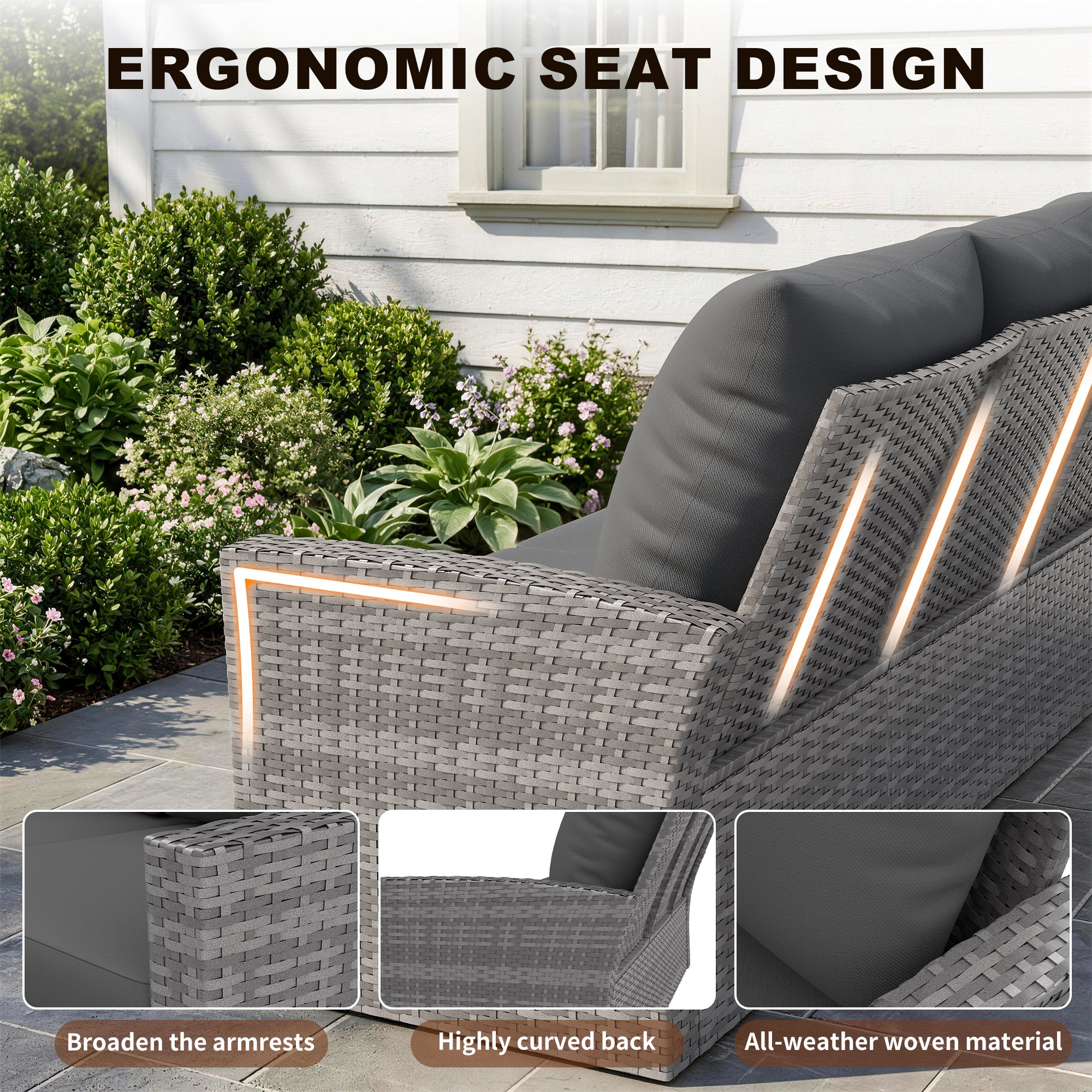 UDPATIO Wicker Patio Furniture Set,Gray PE Rattan Patio Sofa Set with coffee table,Outdoor Sectional Conversation Sets for Balcony, Porch, Backyard, Gray