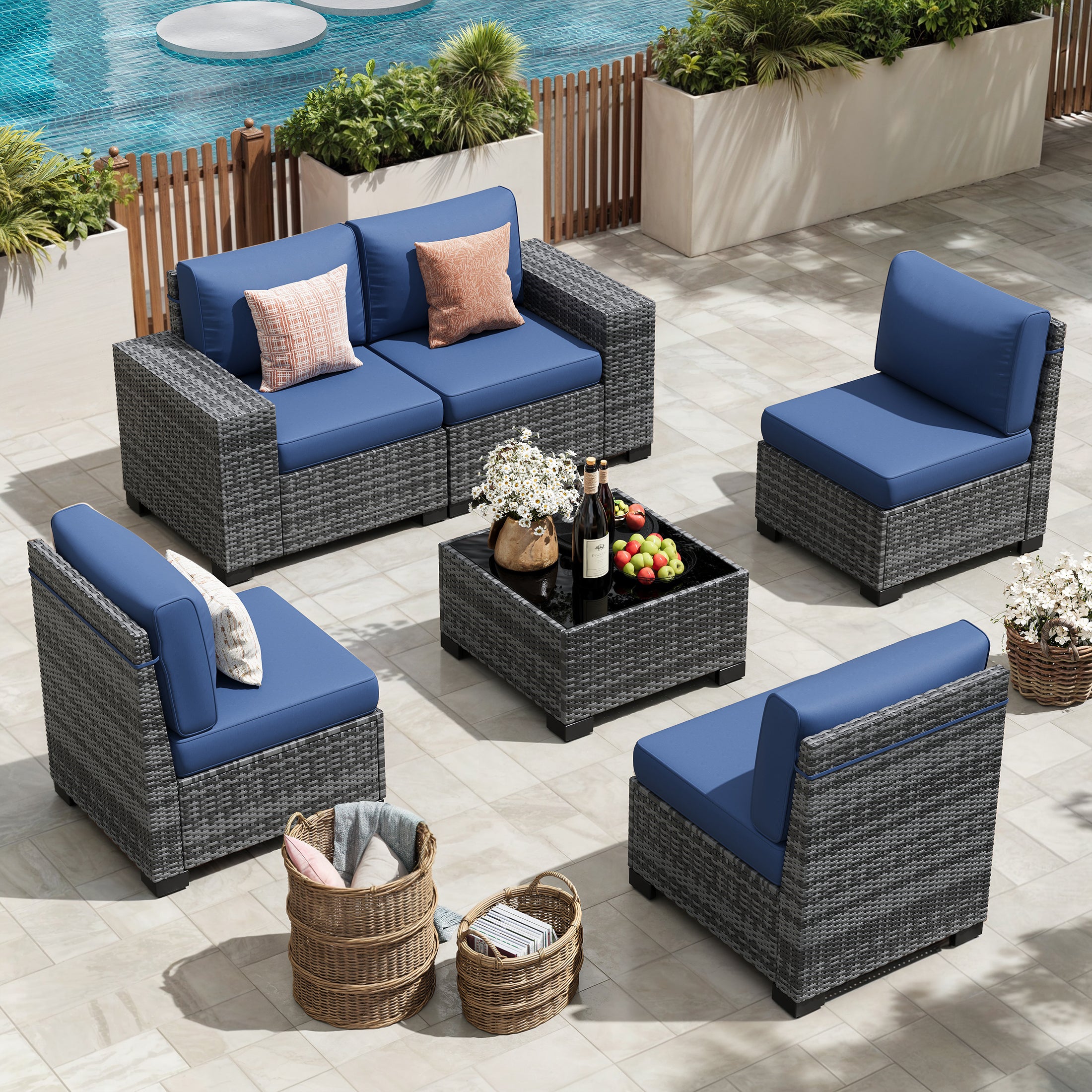 UDPATIO 6-Piece Patio Furniture Set, Outdoor Patio Sofa Set With Wide Armrest, All-Weather Wicker Rattan Guest Set With Cushion And Glass Table And Waterproof Cover, Grey & Navy Blue