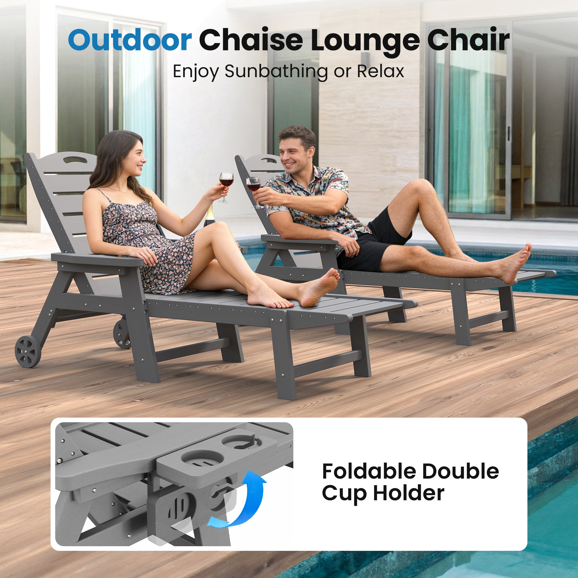 UDPATIO Outdoor Chaise Lounge Chair, HDPE Patio Lounge Chairs for Outside with Wheels & Cup Holder, Reclining Seating with 5 Position for Poolside Deck Garden,Grey,1PC