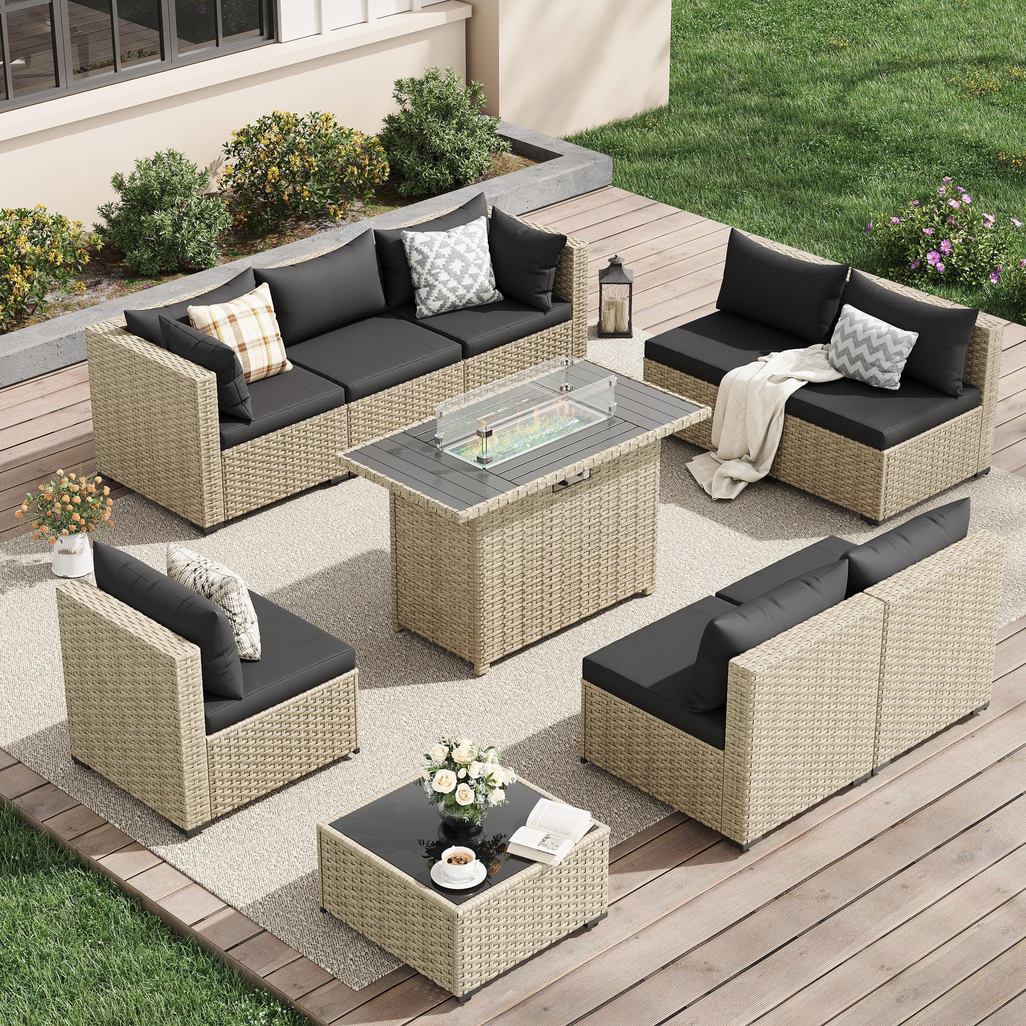 UDPATIO 9 Pieces Outdoor Patio Furniture Set with 44" Fire Pit Table, Outdoor Wicker Patio Conversation Set with Cushions for Backyard, Porch, Garden(Black)