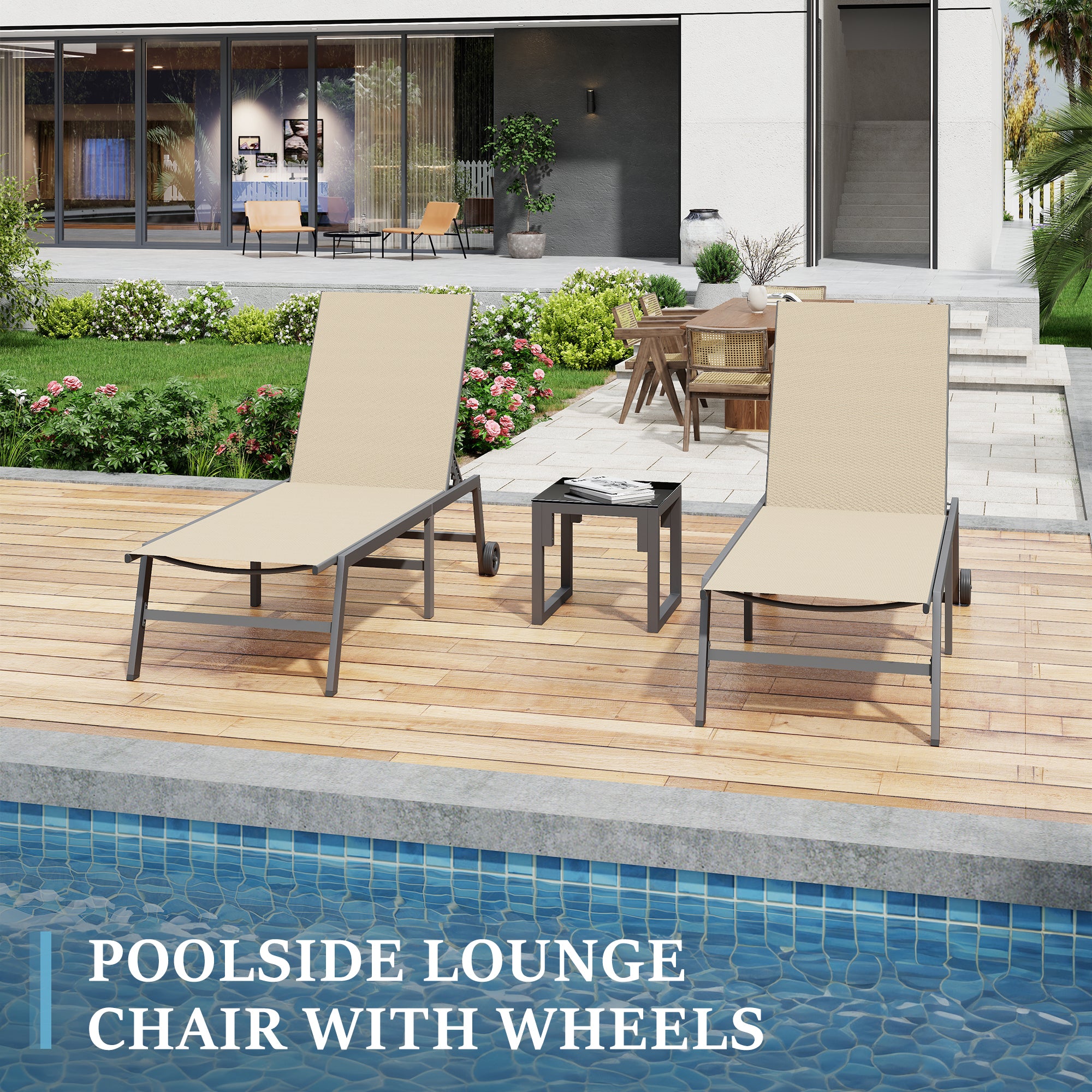 Outdoor Chaise Lounge Chair Set of 2 with Table Pool Lounge Chairs for Outside, Adjustable Lounger for Poolside Lawn Deck Lay Flat Sunbathing Backrest for Patio, Beach, Yard(Brown)