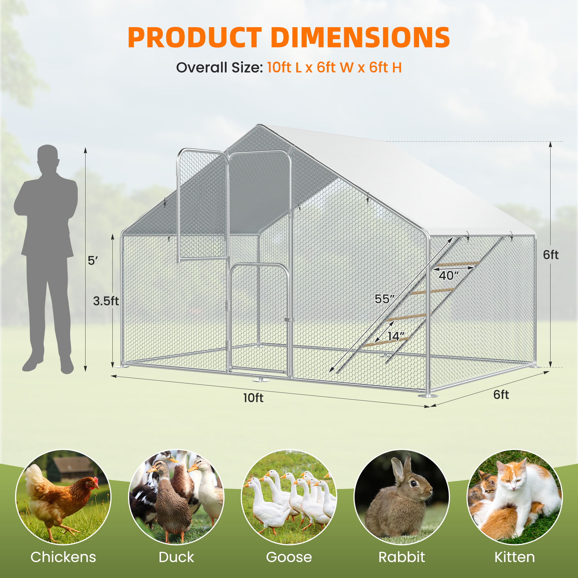 UPDATIO Large Metal Chicken Coop Walk In with Roosting Perch — Heavy-Duty Outdoor Poultry Pen with Protective Cover, Predator-Proof & Weather-Resistant for 10-15 Chickens,6*10*6 FT