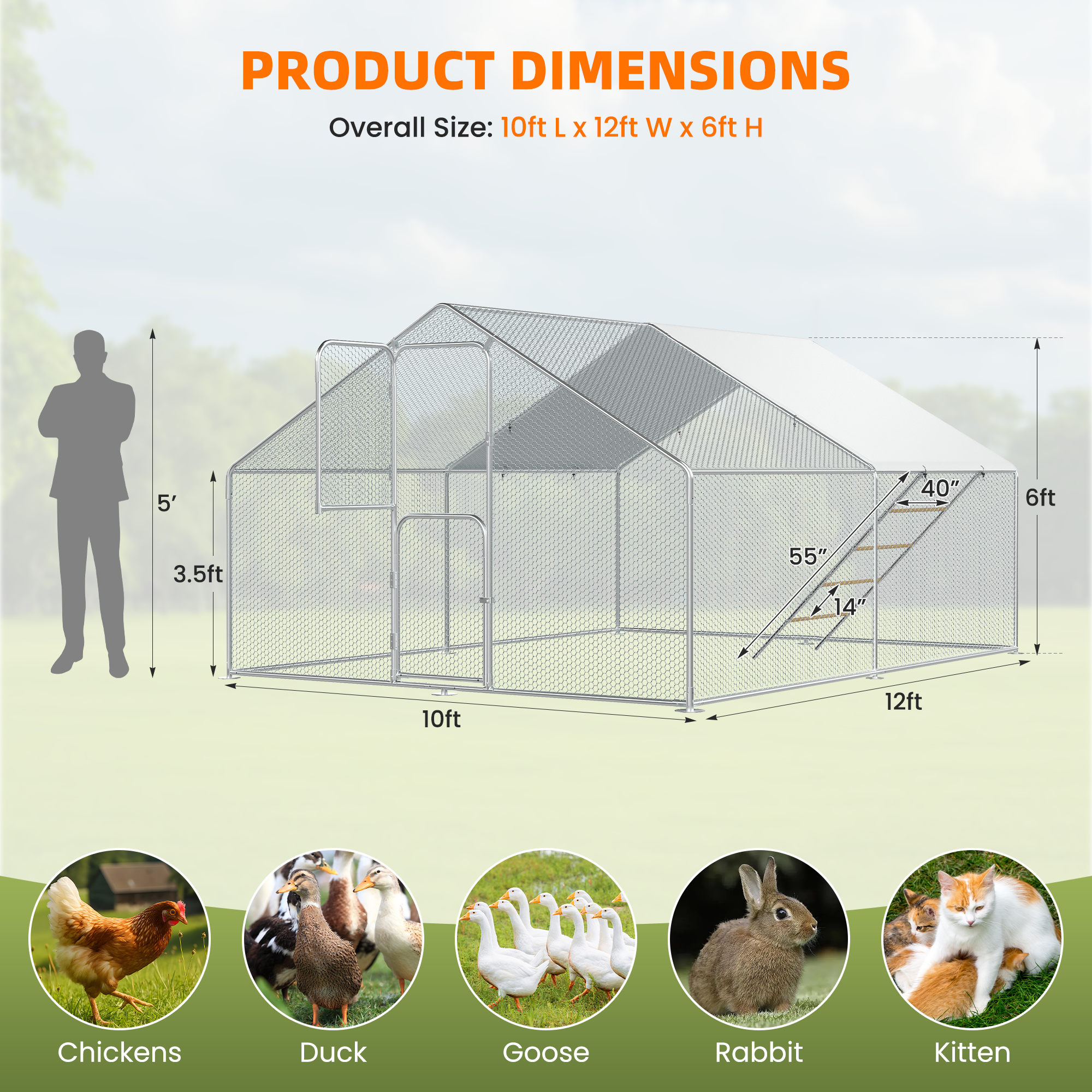 UPDATIO Large Metal Chicken Coop Walk In with Roosting Perch — Heavy-Duty Outdoor Poultry Pen with Protective Cover, Predator-Proof & Weather-Resistant for 15-25 Chickens,12*10*6 FT