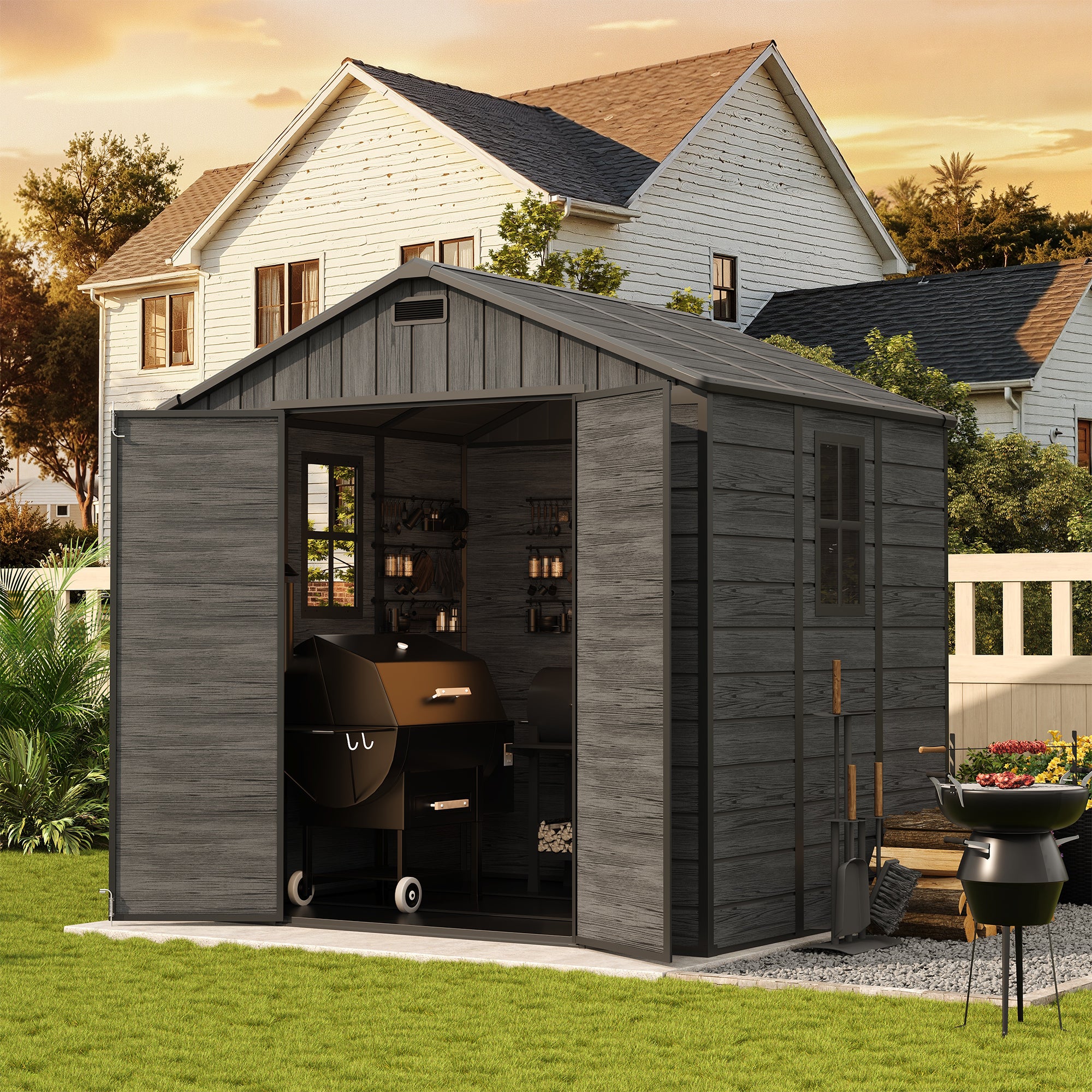 UDPATIO Resin Storage Shed 8 x 6 FT, Plastic Outdoor Storage Shed with Floor Outdside Storage Garden Patio Sheds with Lockable Door for Bike, Garbage Can, Tool, Dark Grey