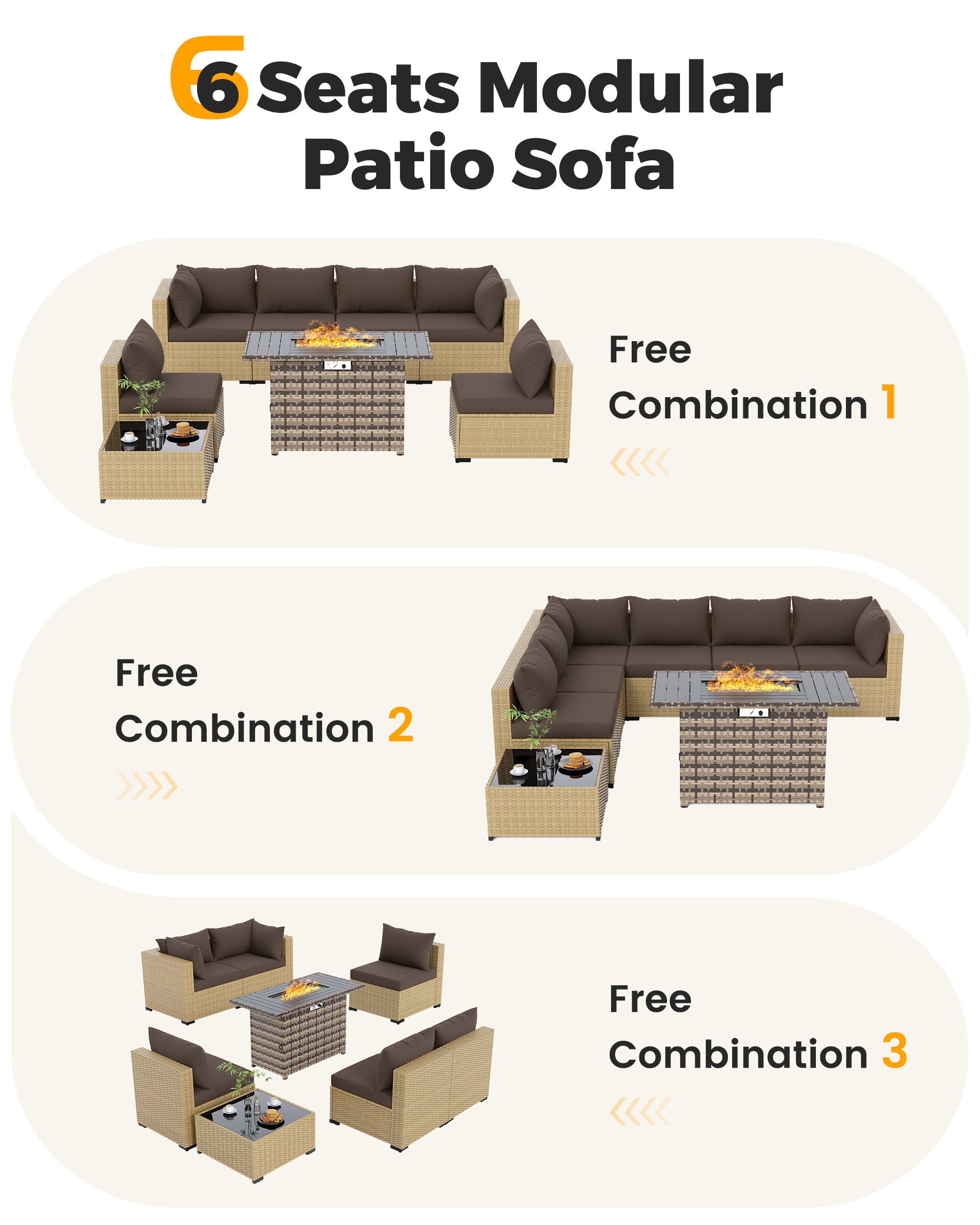 UDPATIO Furniture Set with Fire Pit Table, 8 Piece Sectional Sofas, All-Weather Wicker Conversation for Garden, Backyard, Brown