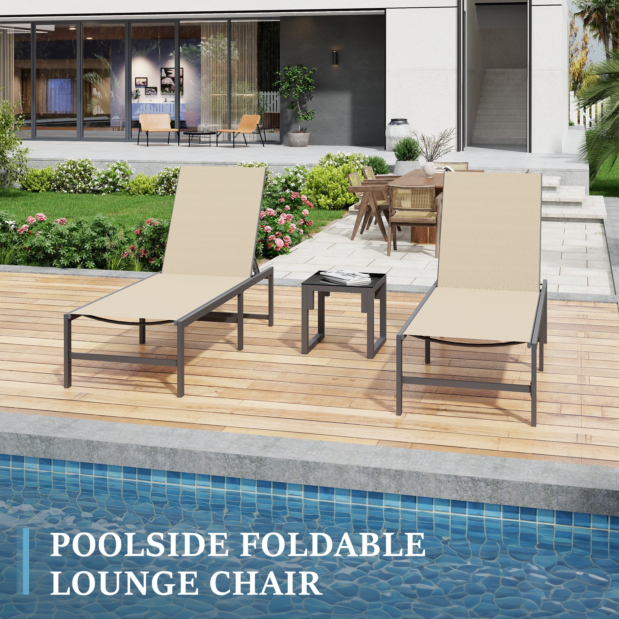 Outdoor Foldable Lounge Chair Set of 2 with Table Pool Lounge Chairs for Outside, Adjustable Lounger for Poolside Lawn Deck Lay Flat Sunbathing Backrest for Patio, Beach, Yard(Brown)