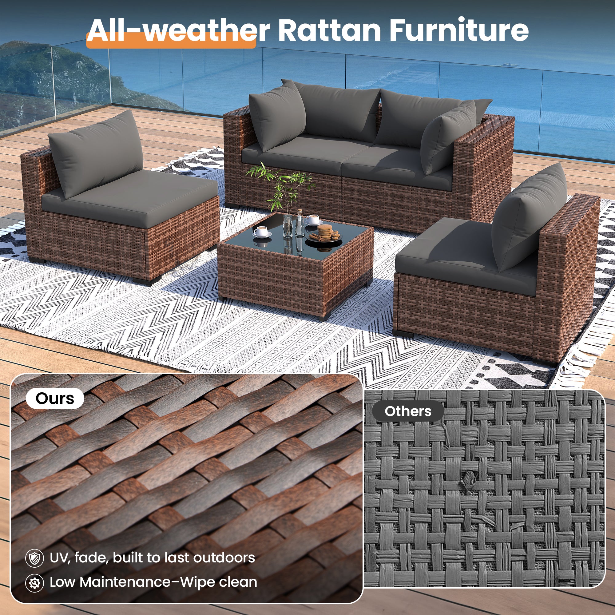 UDPATIO Patio Furniture Set with Fire Pit Table, 5 Piece Outdoor Sectional Sofas, All-Weather Wicker Conversation for Garden, Backyard, Navy Blue