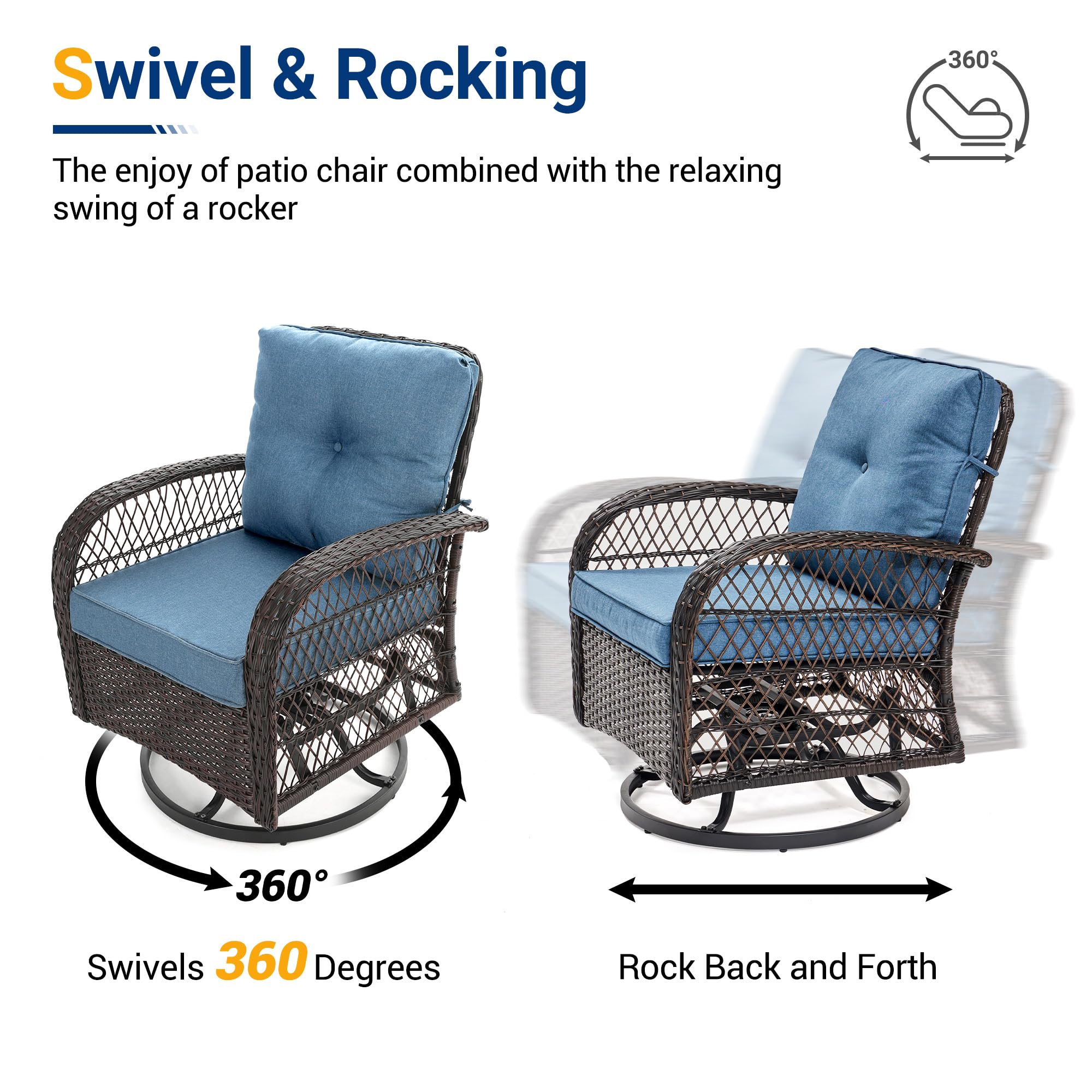 UDPATIO 3 Pieces Patio Furniture Set, Outdoor Swivel Rocker Patio Chairs Set of 2, All-Weather PE Wicker Glider Chairs with Thick Cushions and Glass Coffee Table,for Porch Deck Backyard
