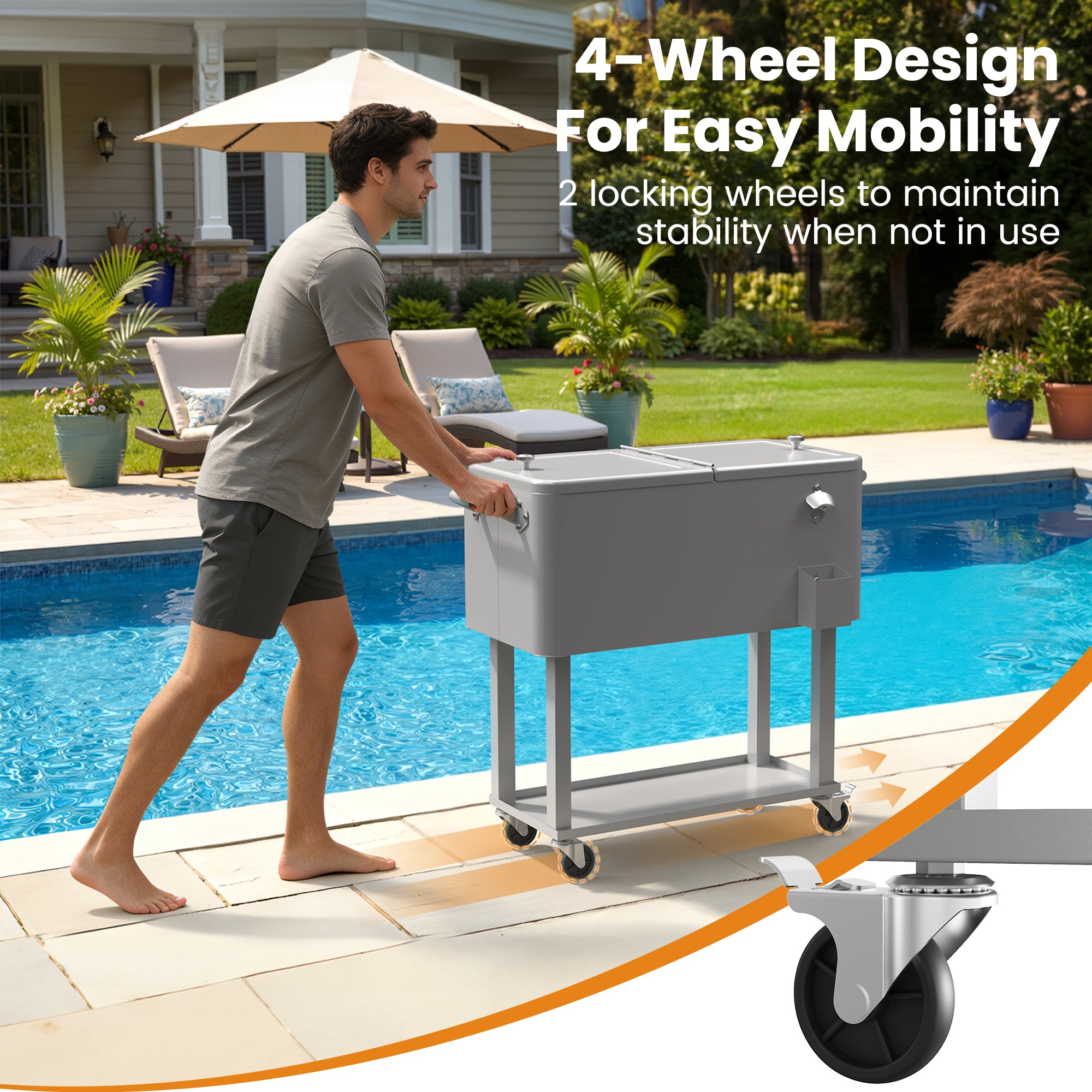 Patio Cooler Cart 80 Quart Outdoor Rolling Ice Chest Portable Beverage Bar with Bottom Storage Tray and Bottle Opener for Party BBQ Beach Activities