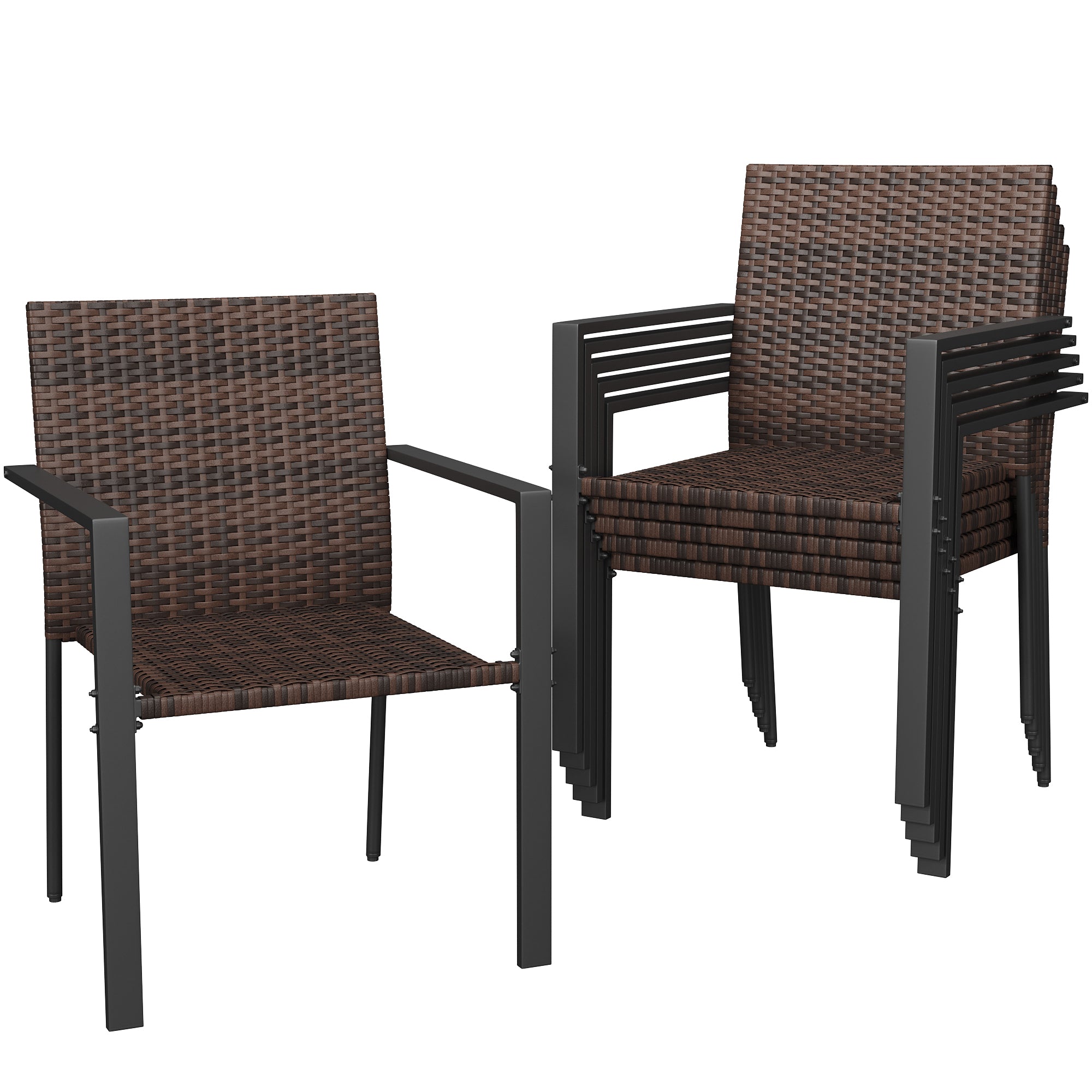 UDPATIO Stackable Patio Chairs Set of 6, Wicker Outdoor Chairs, All-Weather Rattan Dining Chairs with Deep Seat & Armrests, Steel Frame for Patio, Garden, Backyard, Deck, Lawn or Porch, Brown