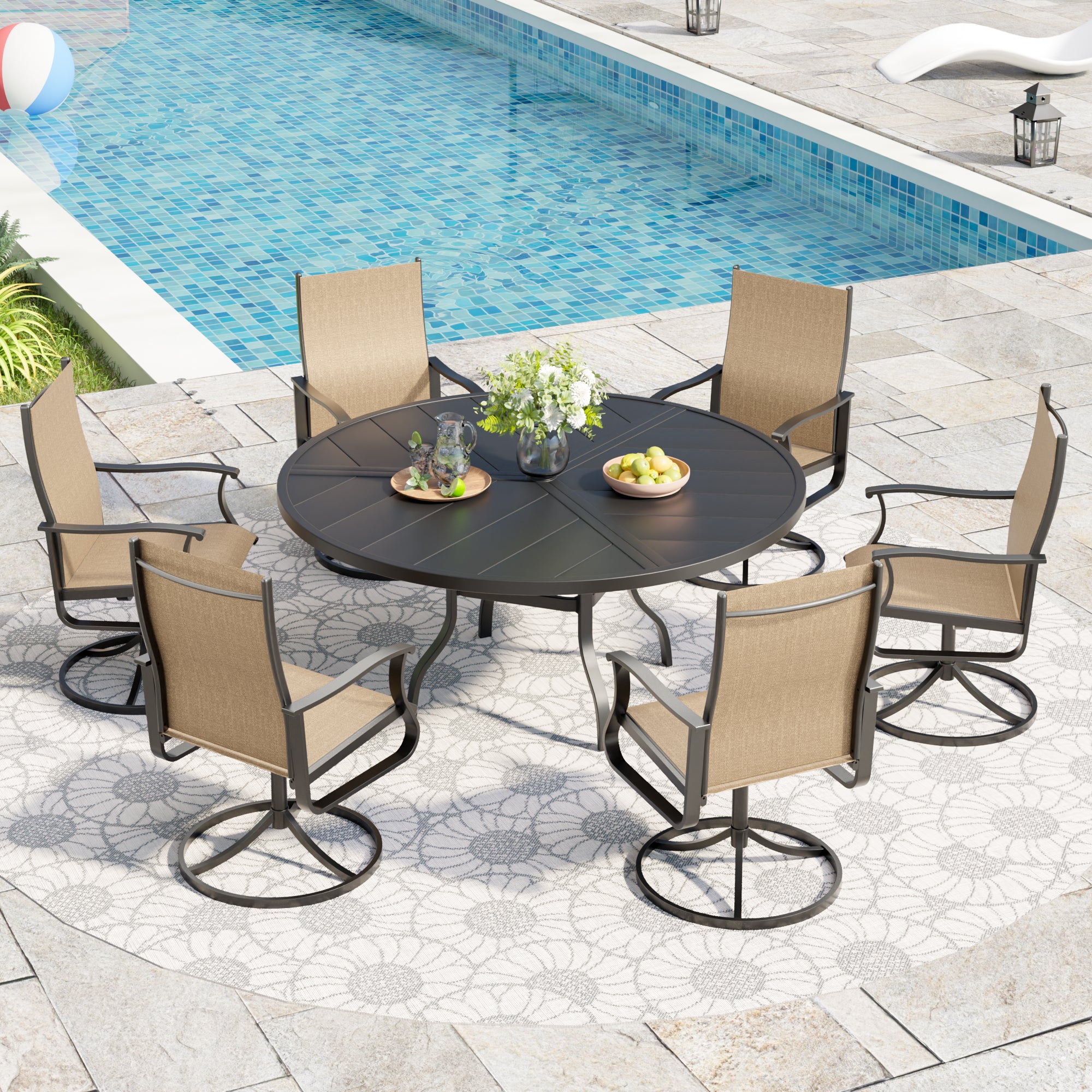 UDPATIO 7 Piece Outdoor Patio Dining Set with 51" Round Table & 6 Outdoor Swivel Rocker Dining Chairs with All Weather Textilene High Back & Metal Frame, Outdoor Table and Chair Set for Lawn, Backyard